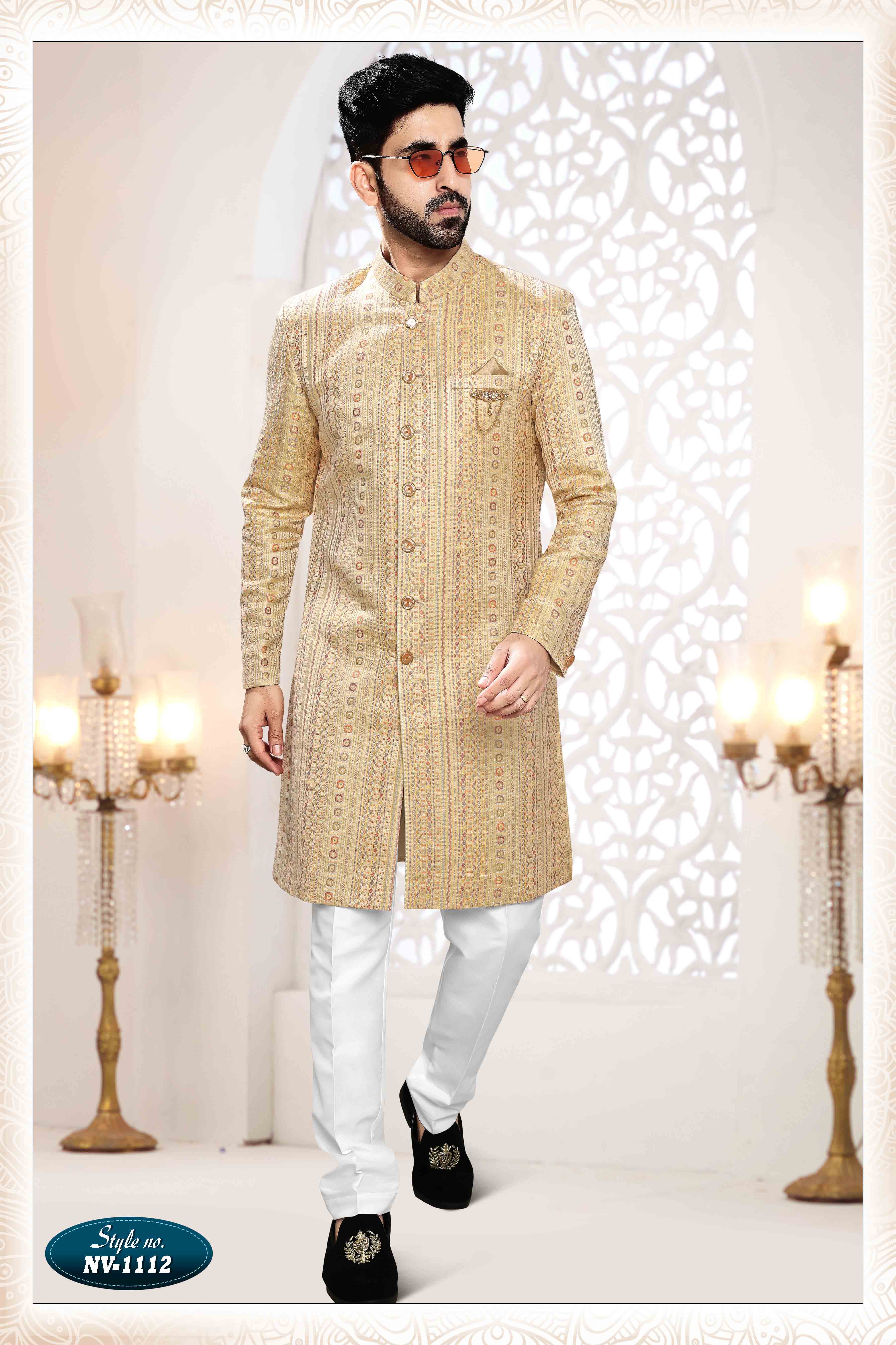 Woven Art Silk Jacquard Sherwani in YELLOW