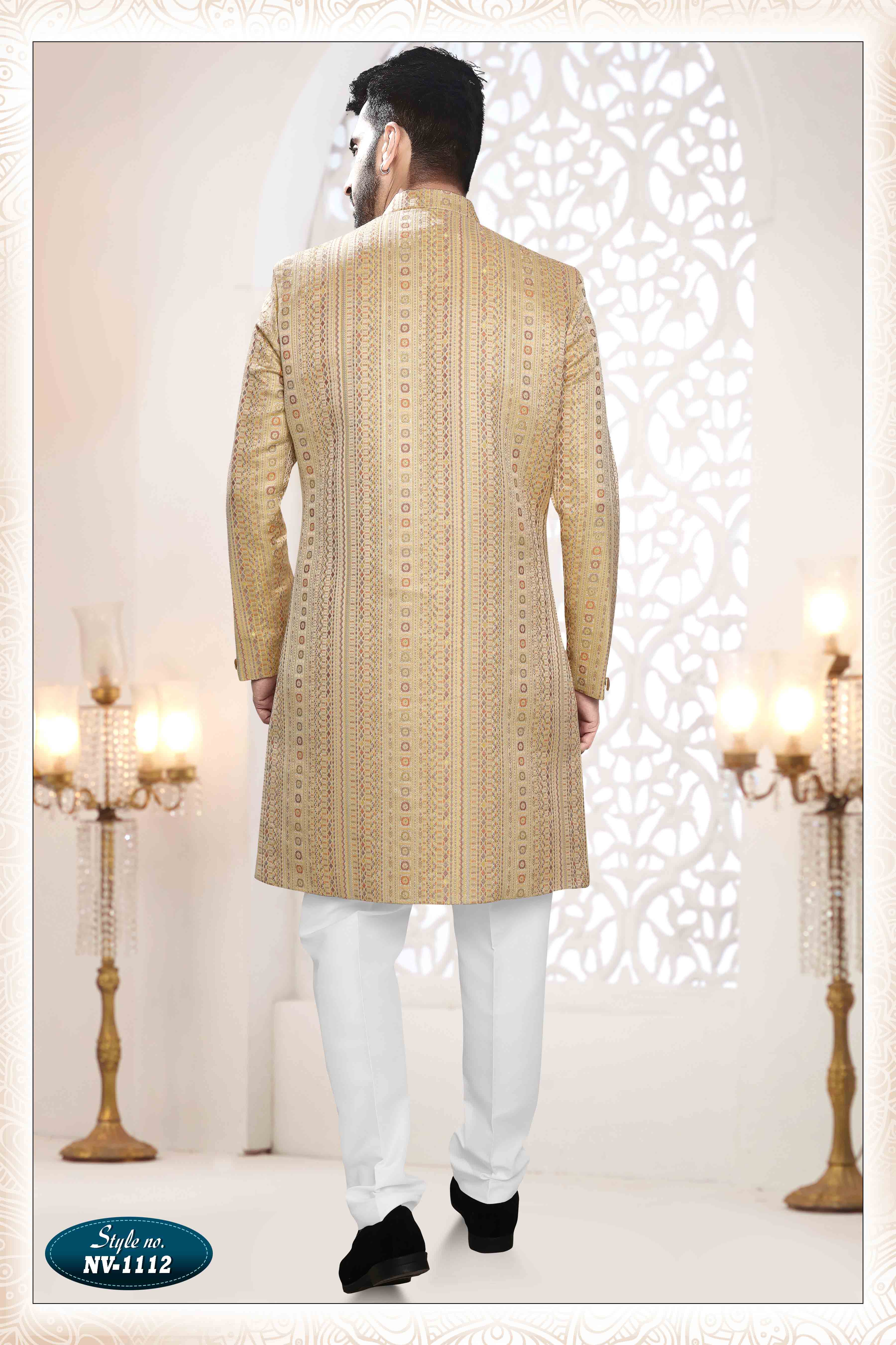 Woven Art Silk Jacquard Sherwani in YELLOW