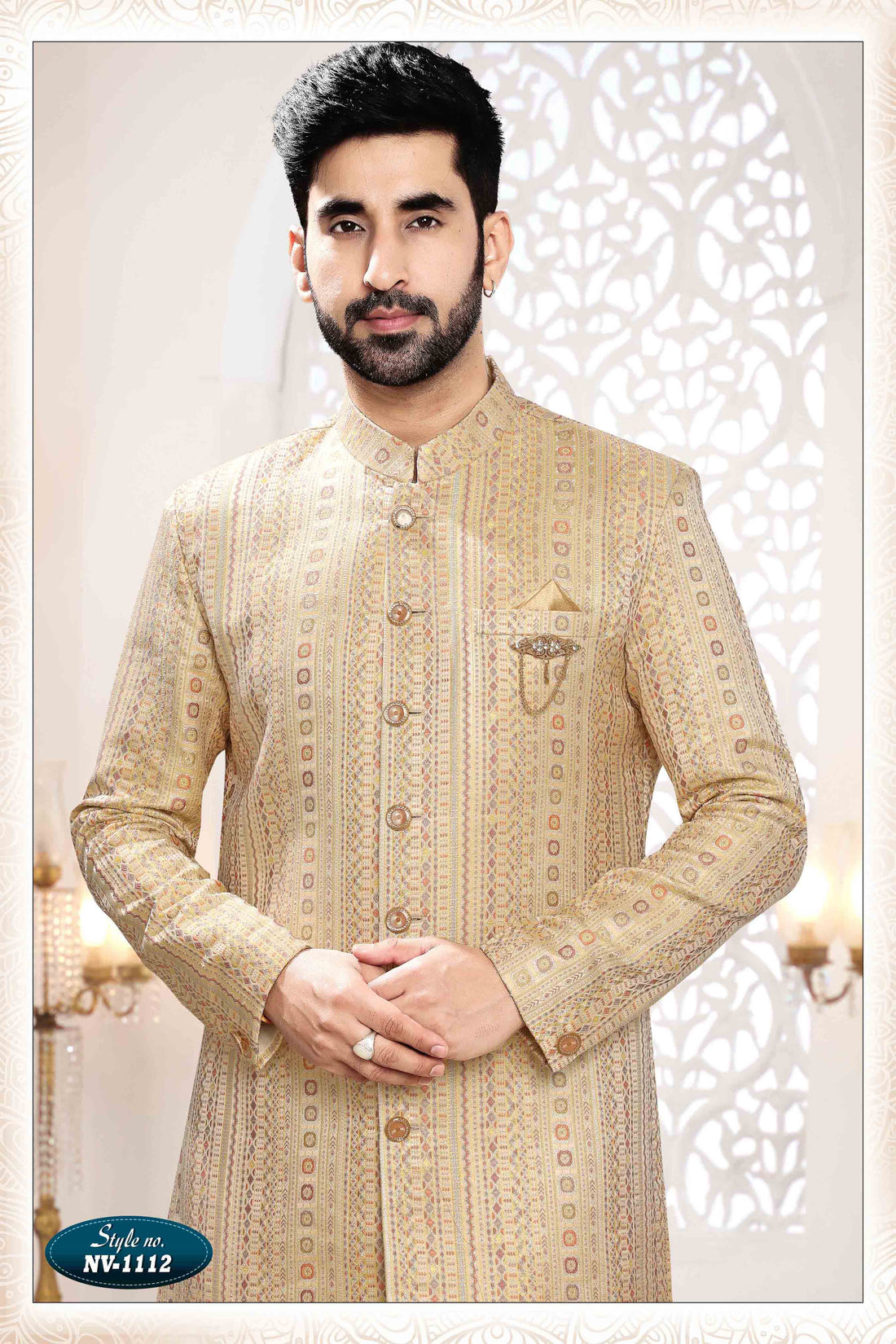 Woven Art Silk Jacquard Sherwani in YELLOW
