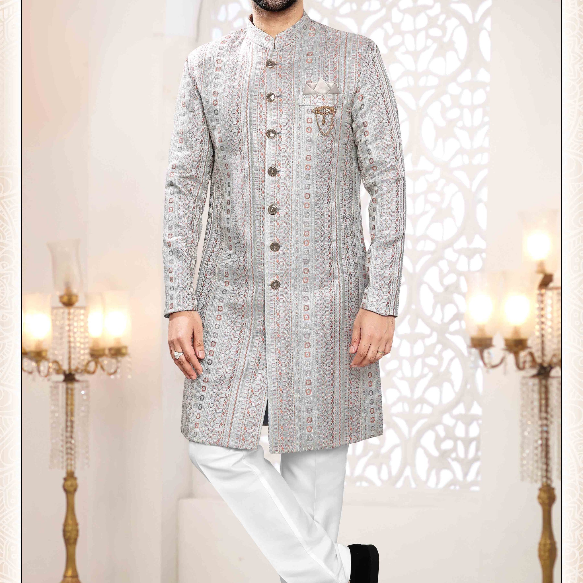 Woven Art Silk Jacquard Sherwani in Grey