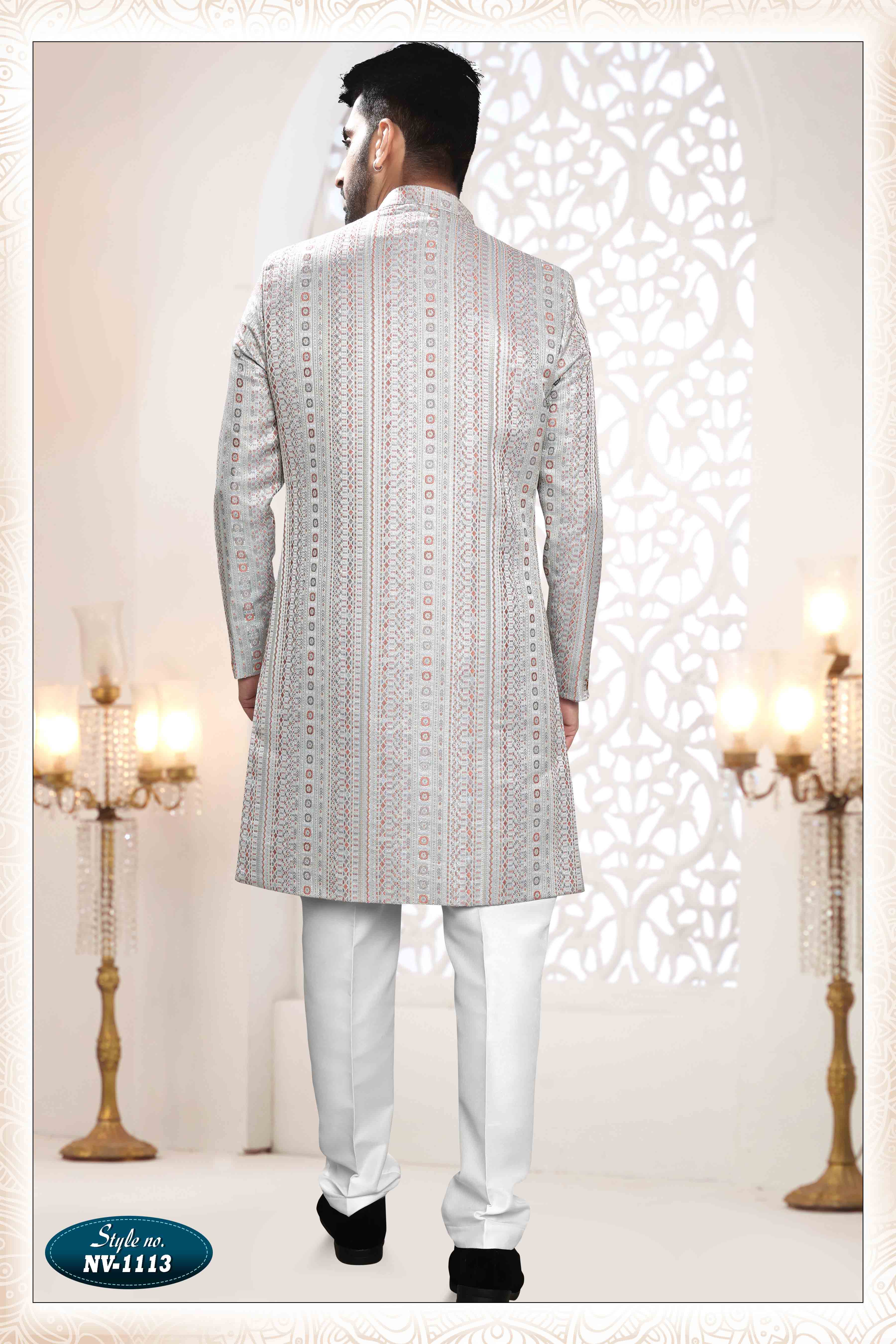 Woven Art Silk Jacquard Sherwani in Grey