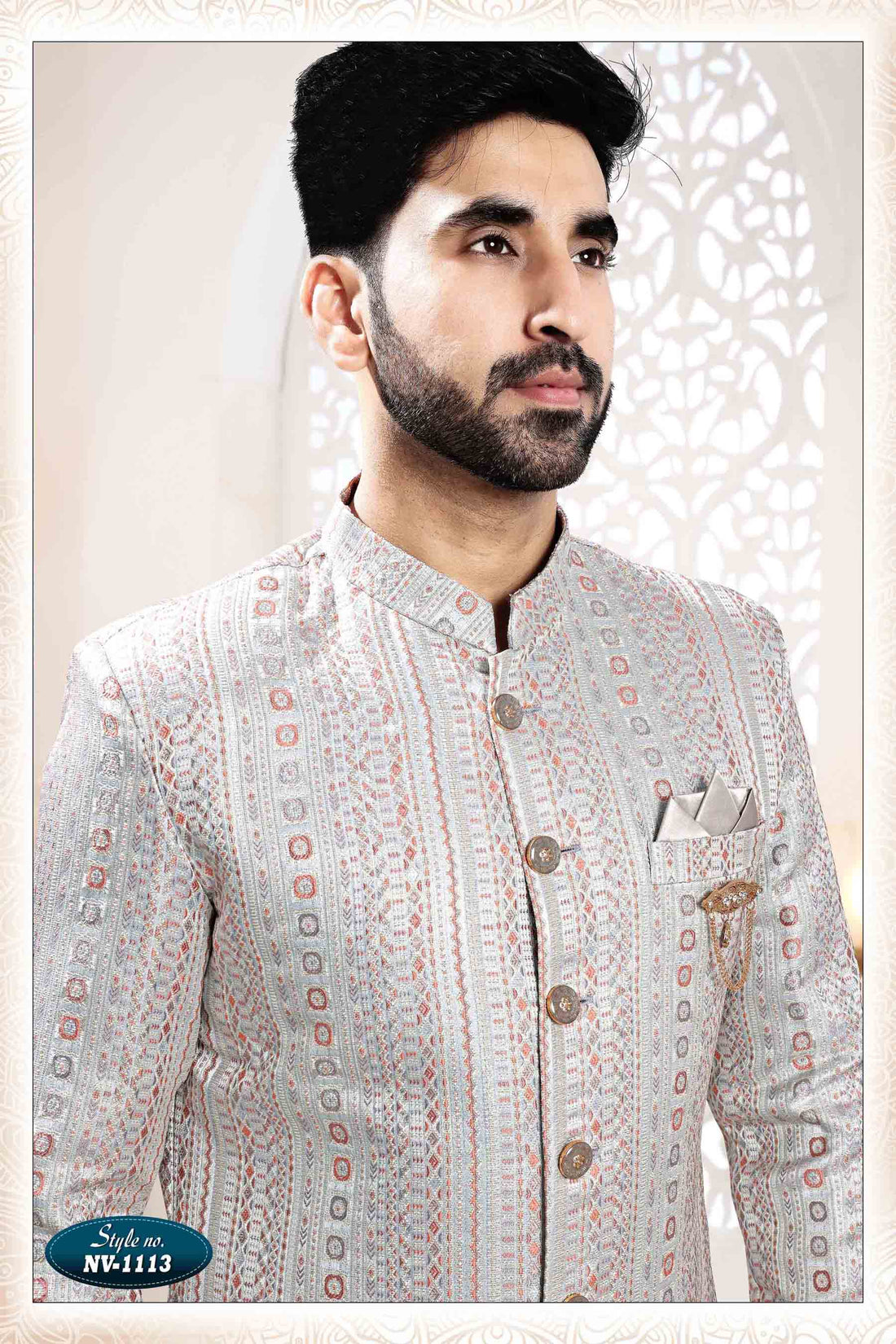 Woven Art Silk Jacquard Sherwani in Grey