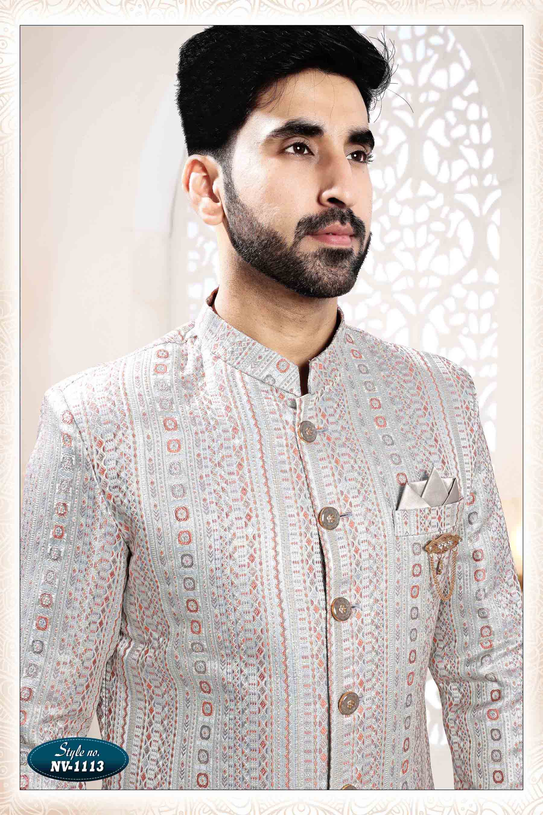 Woven Art Silk Jacquard Sherwani in Grey