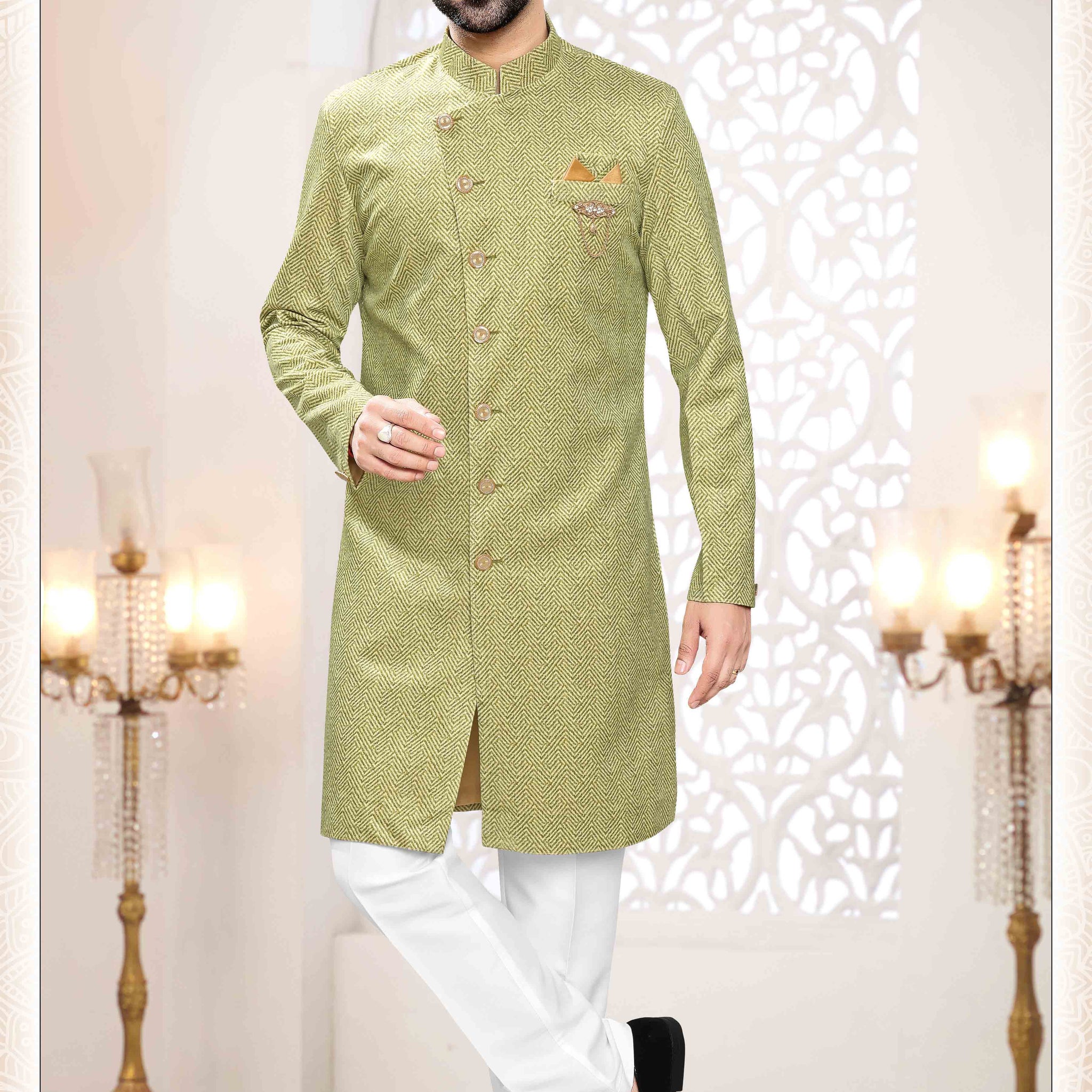 Woven SUEDE Sherwani in Grey