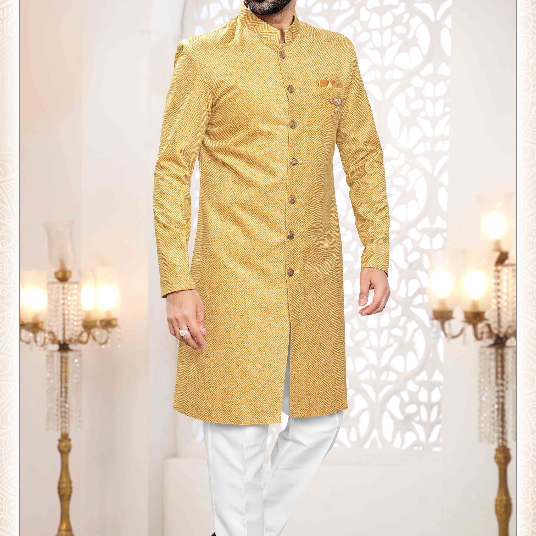 Woven SUEDE Sherwani in YELLOW