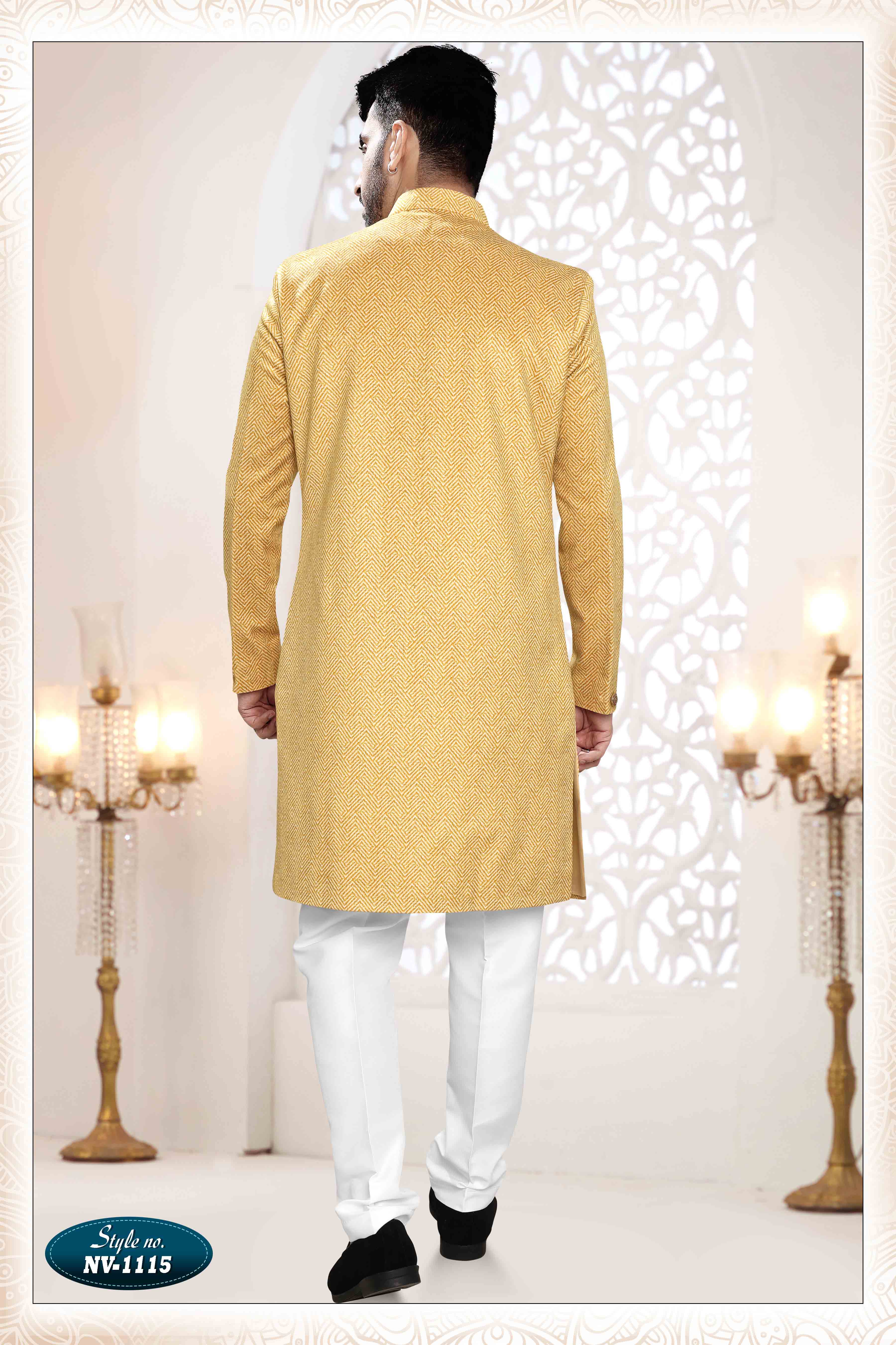 Woven SUEDE Sherwani in YELLOW