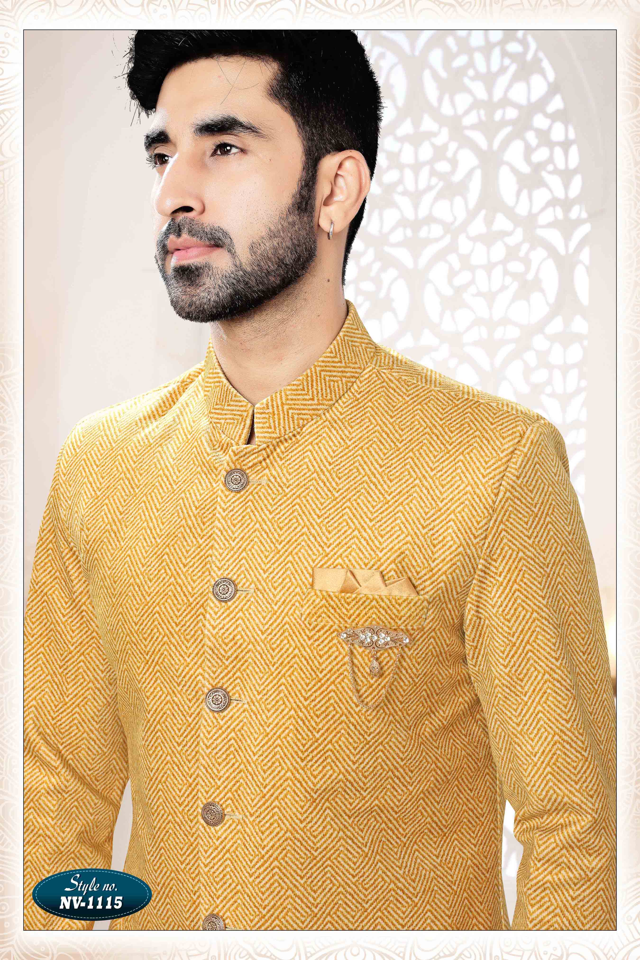 Woven SUEDE Sherwani in YELLOW