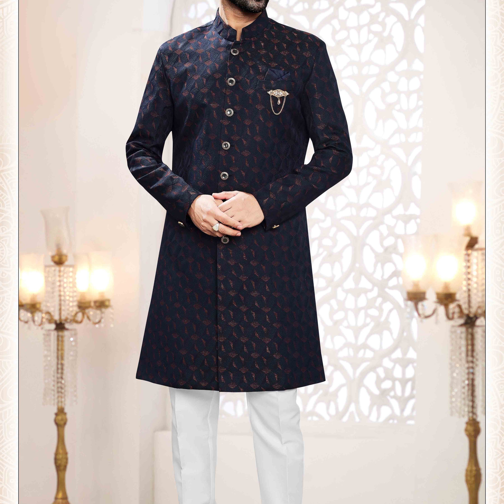 Woven Art Silk Jacquard Sherwani in Blue