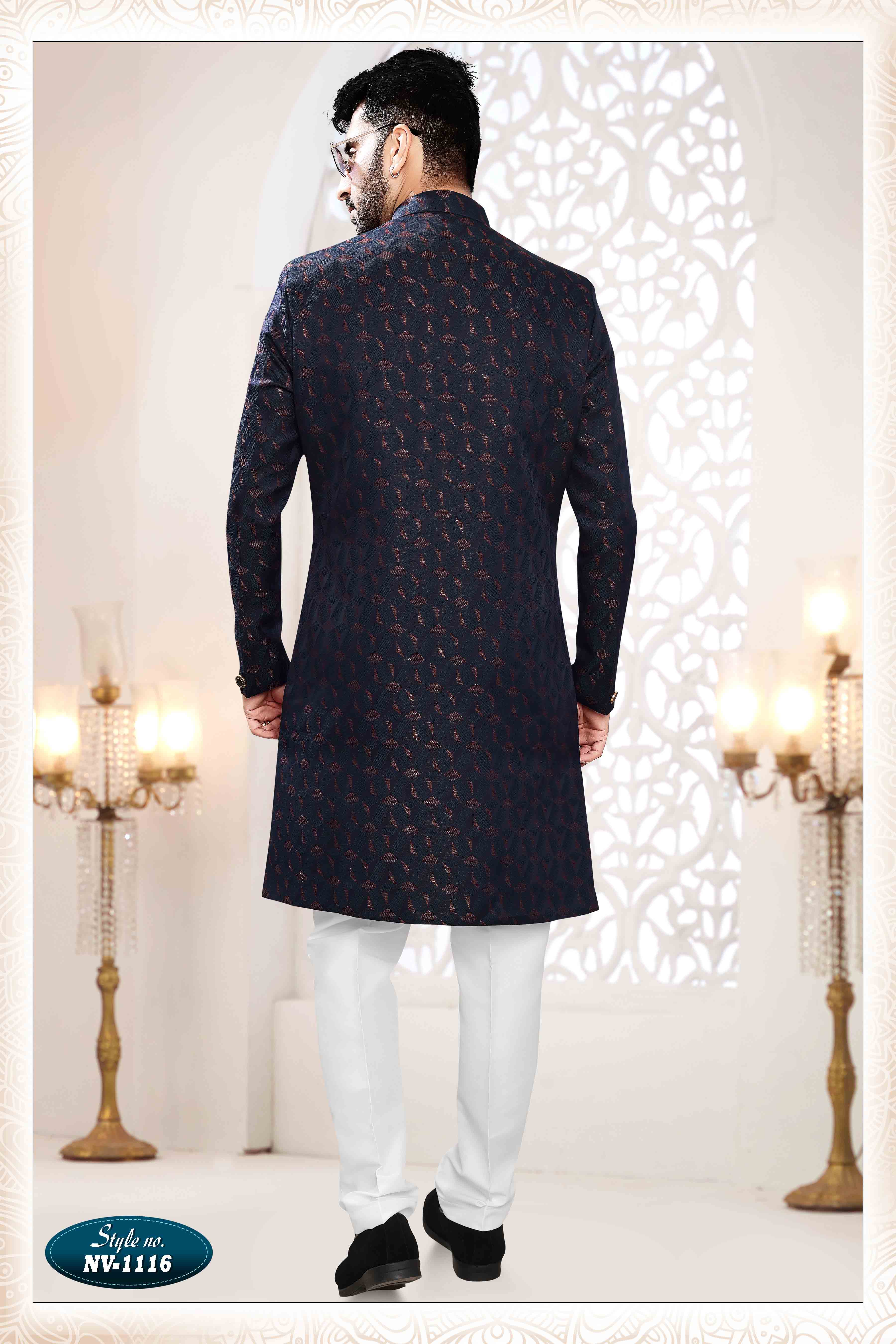 Woven Art Silk Jacquard Sherwani in Blue