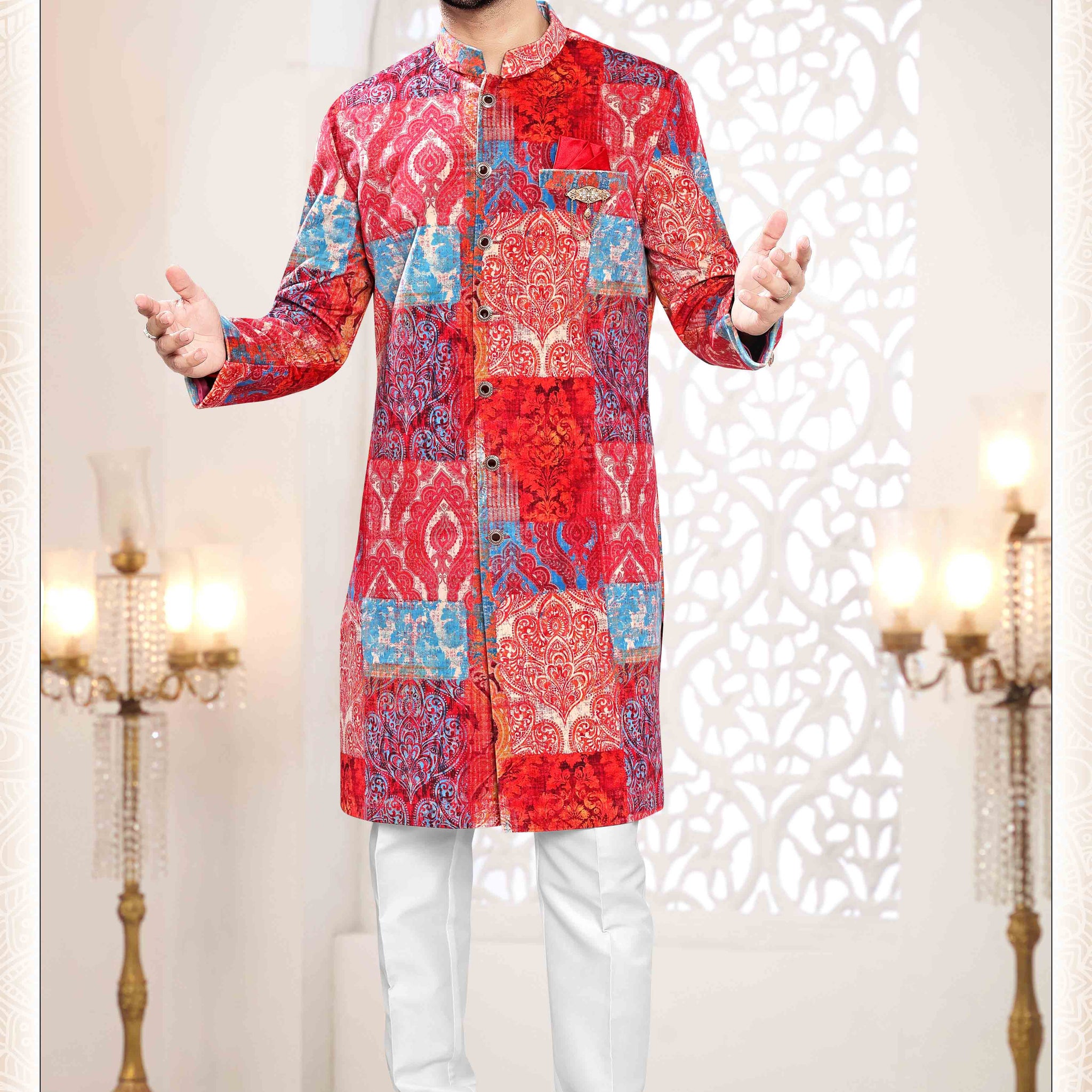 Suede Velvet Sherwani in Red