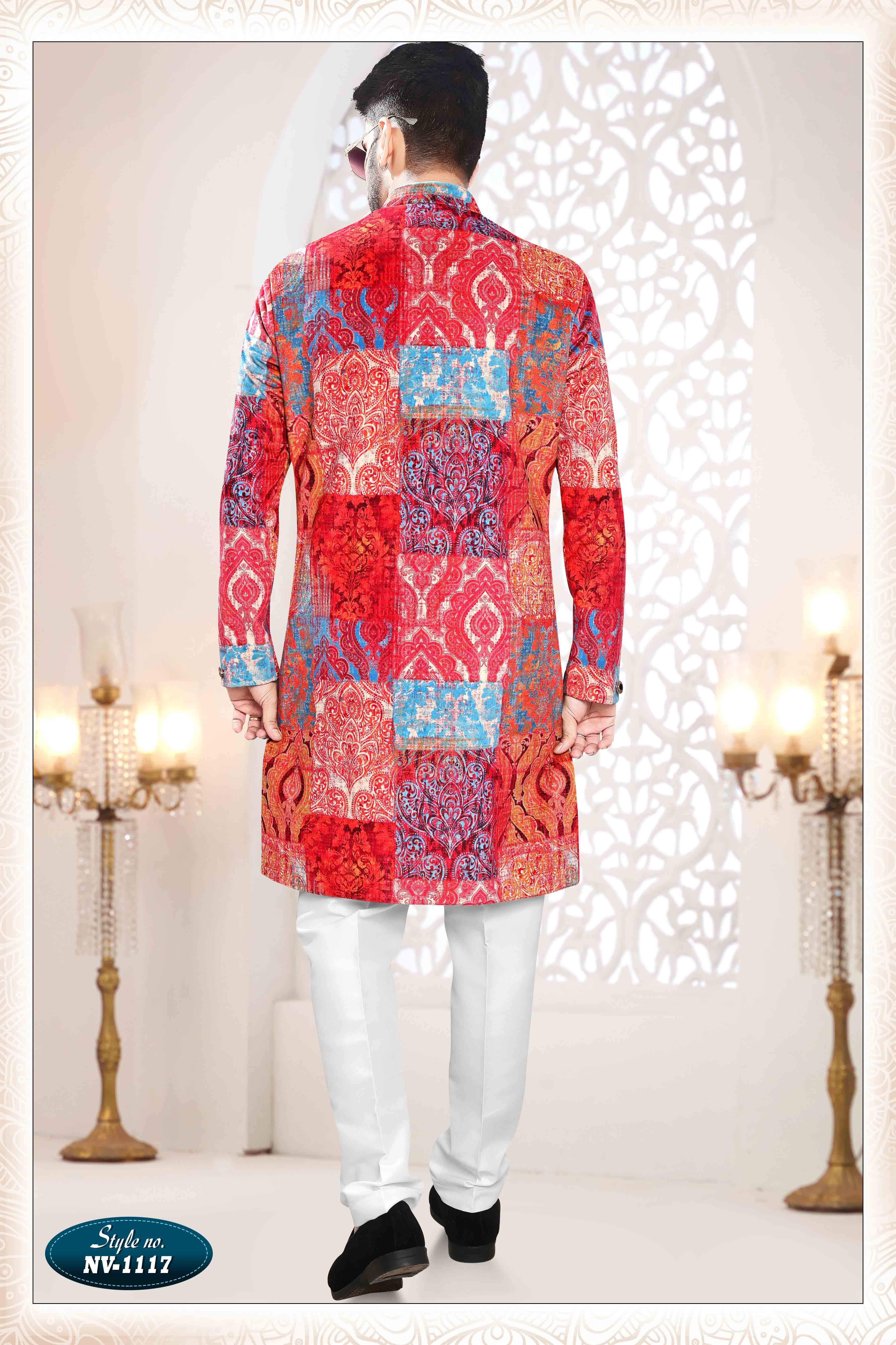 Suede Velvet Sherwani in Red