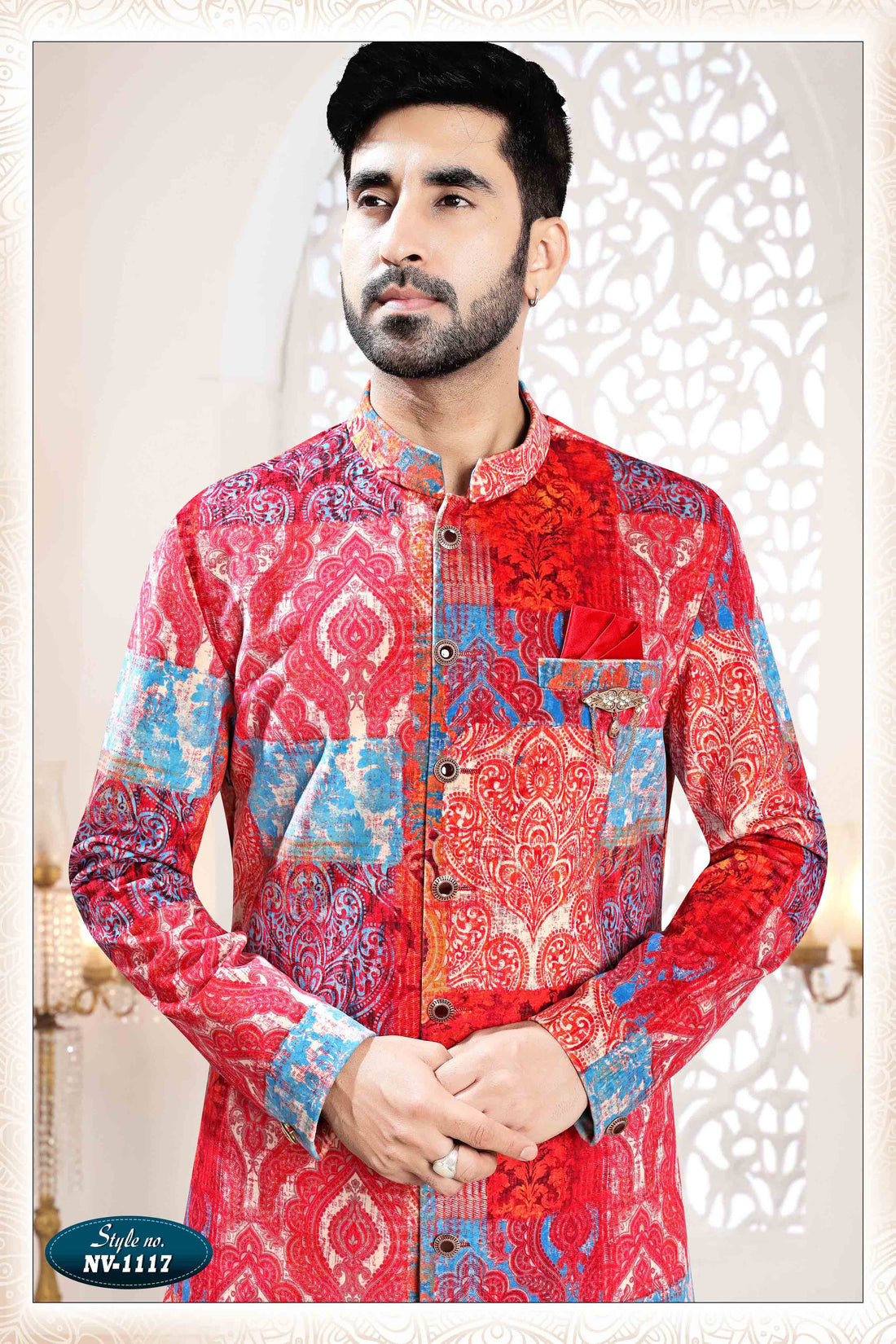Suede Velvet Sherwani in Red
