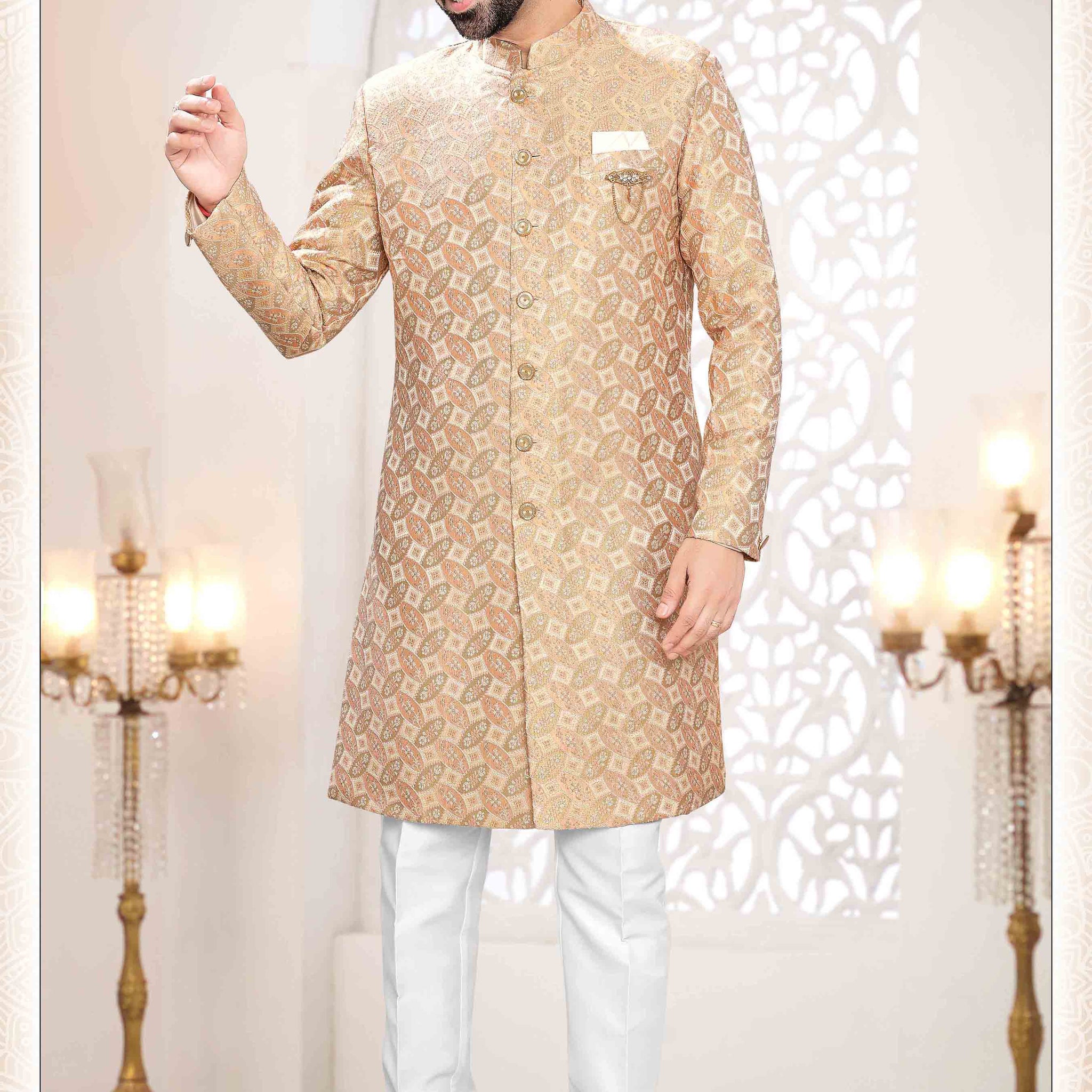Woven Art Silk Jacquard Sherwani in Peach