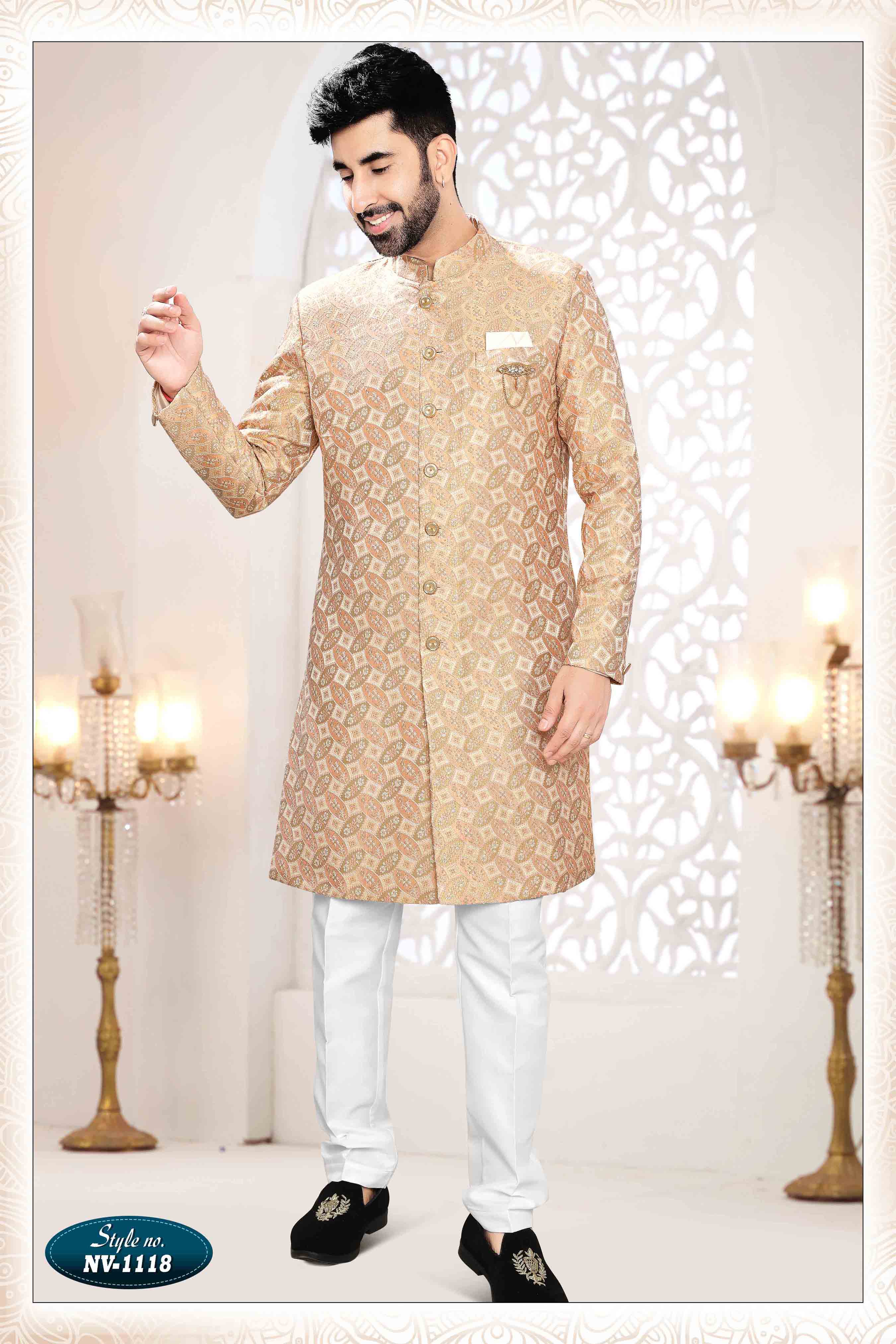 Woven Art Silk Jacquard Sherwani in Peach