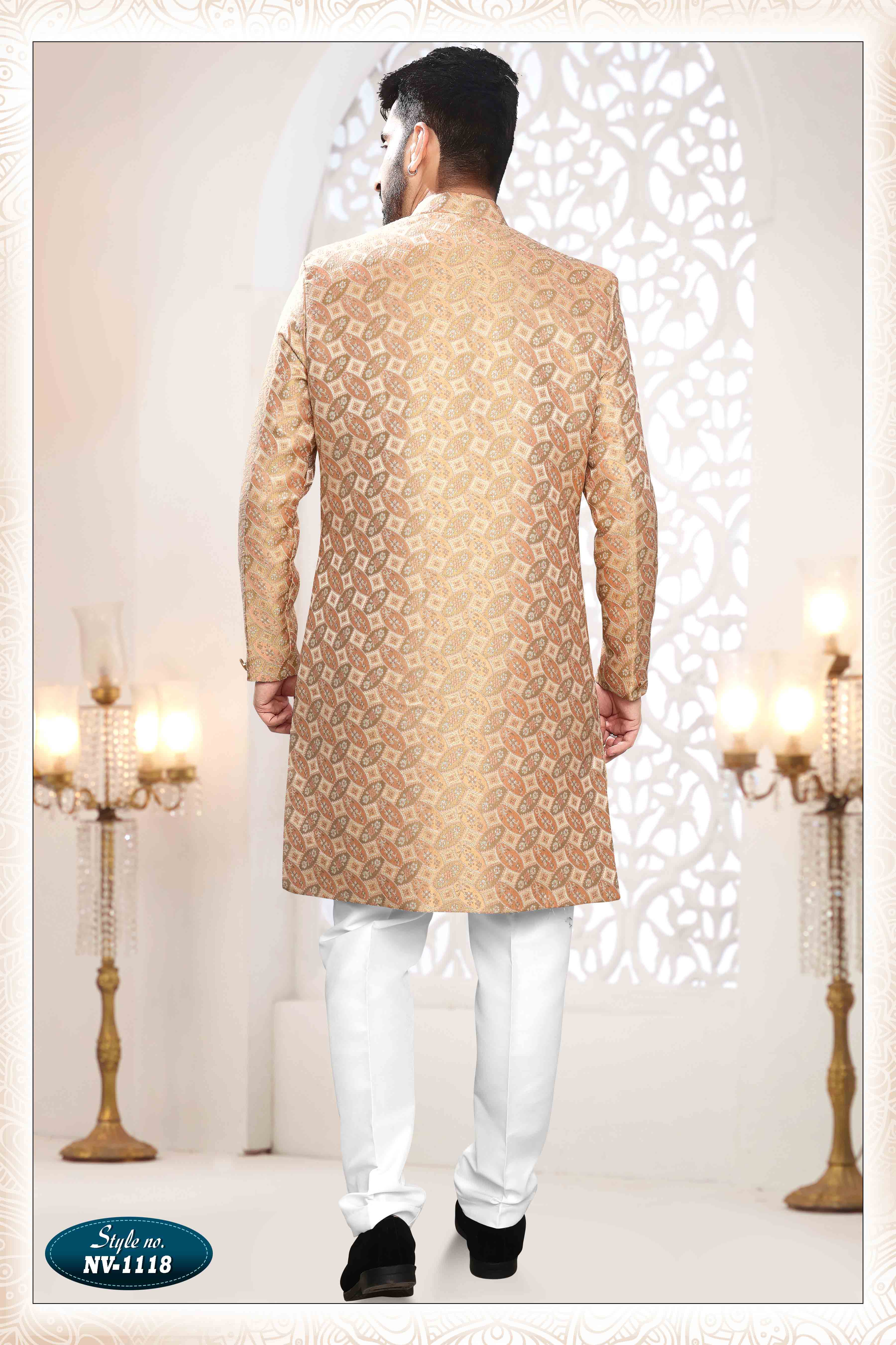 Woven Art Silk Jacquard Sherwani in Peach