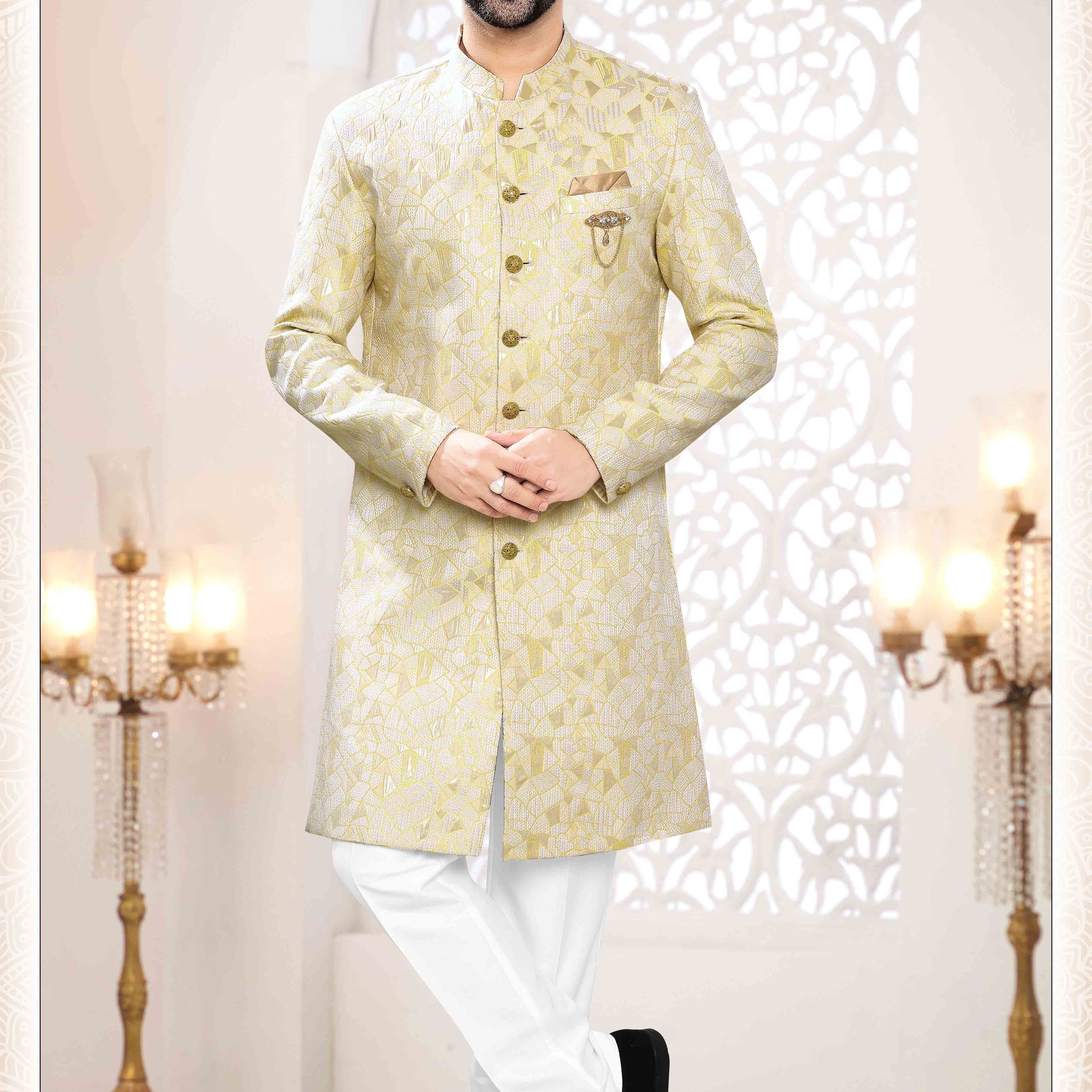 Woven Art Silk Jacquard Sherwani in YELLOW