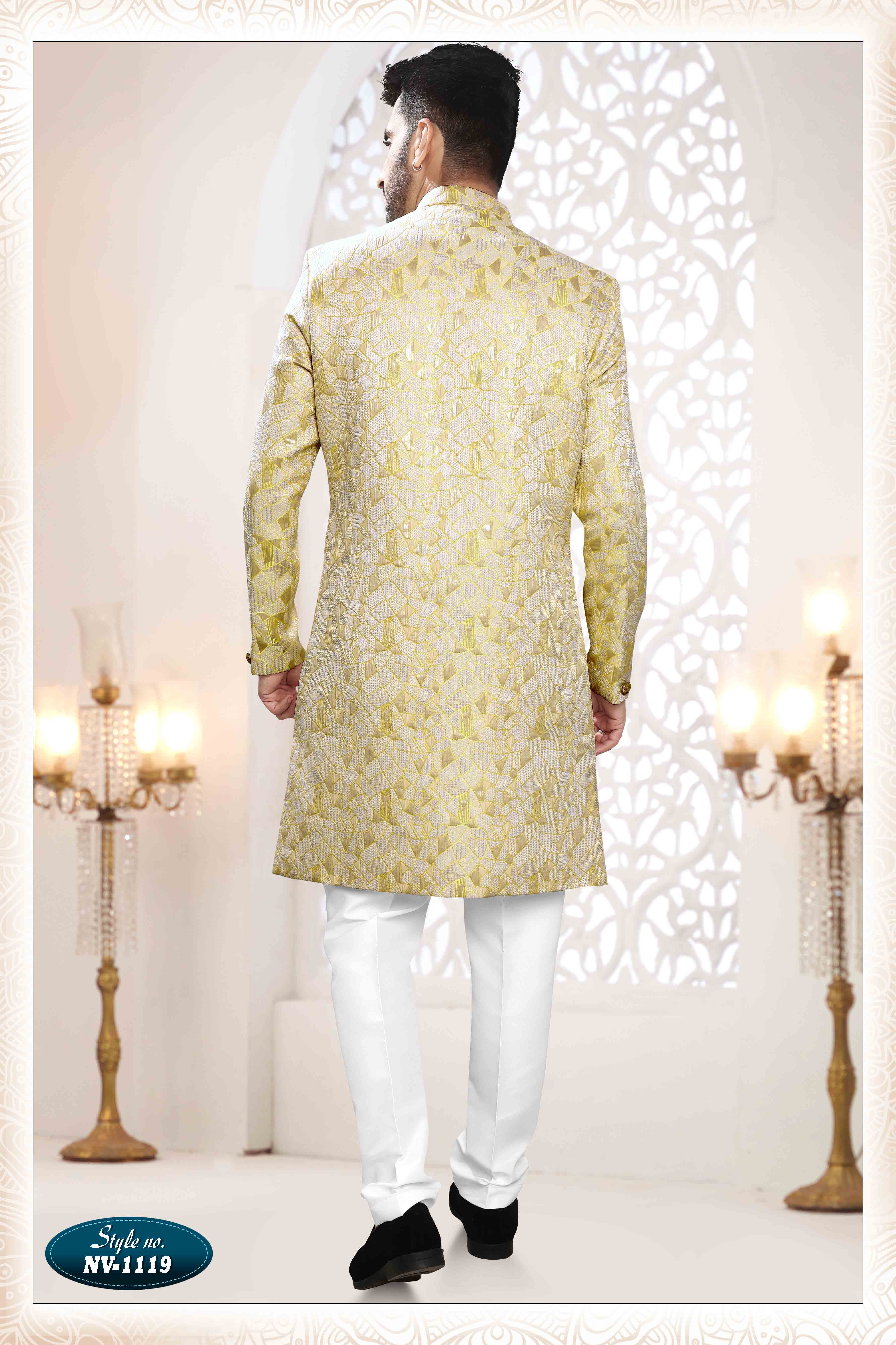 Woven Art Silk Jacquard Sherwani in YELLOW