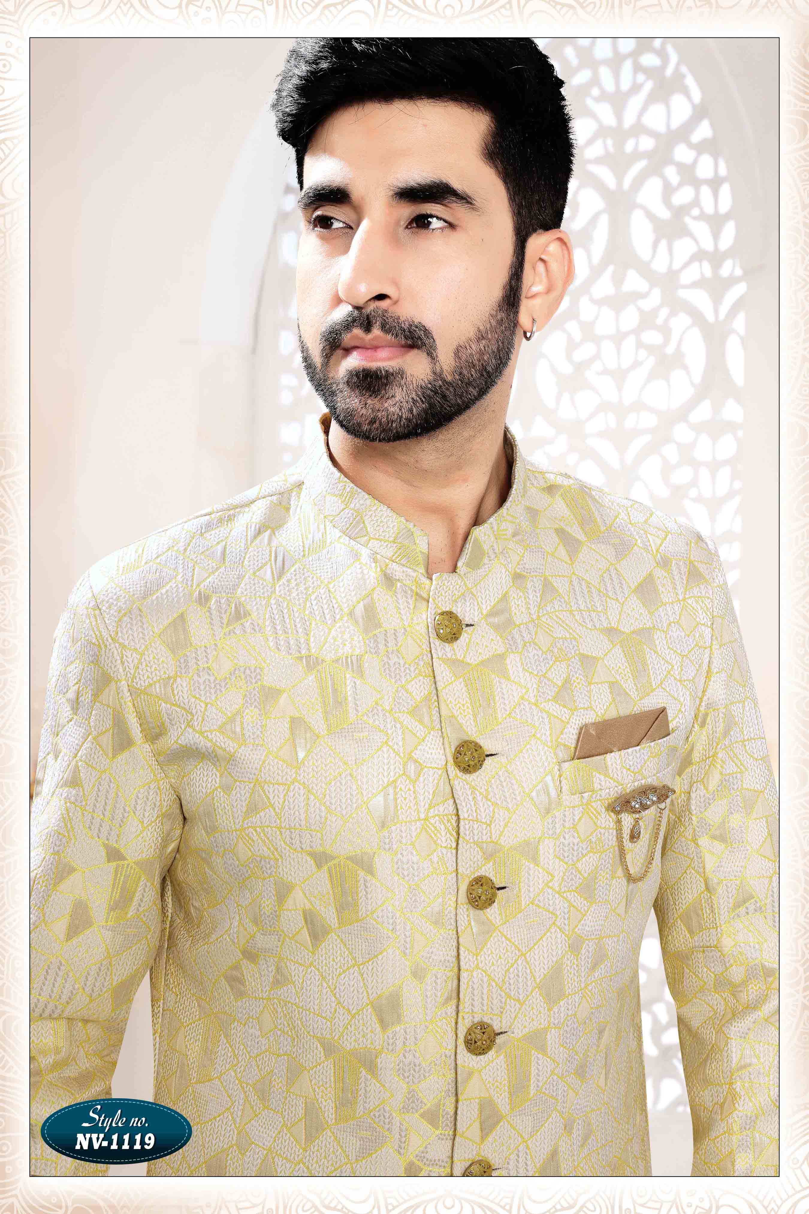 Woven Art Silk Jacquard Sherwani in YELLOW