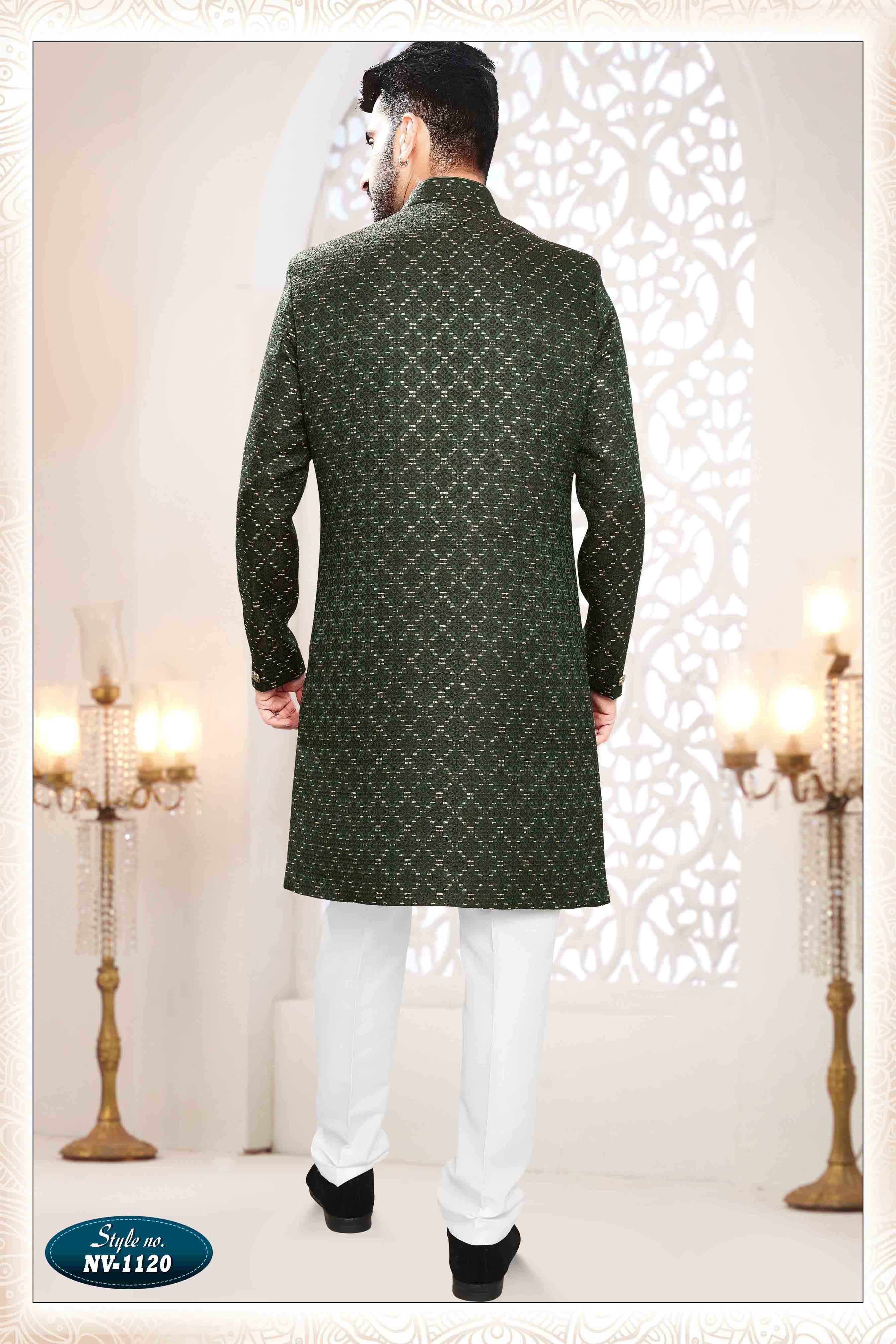 Woven Art Silk Jacquard Sherwani in Green