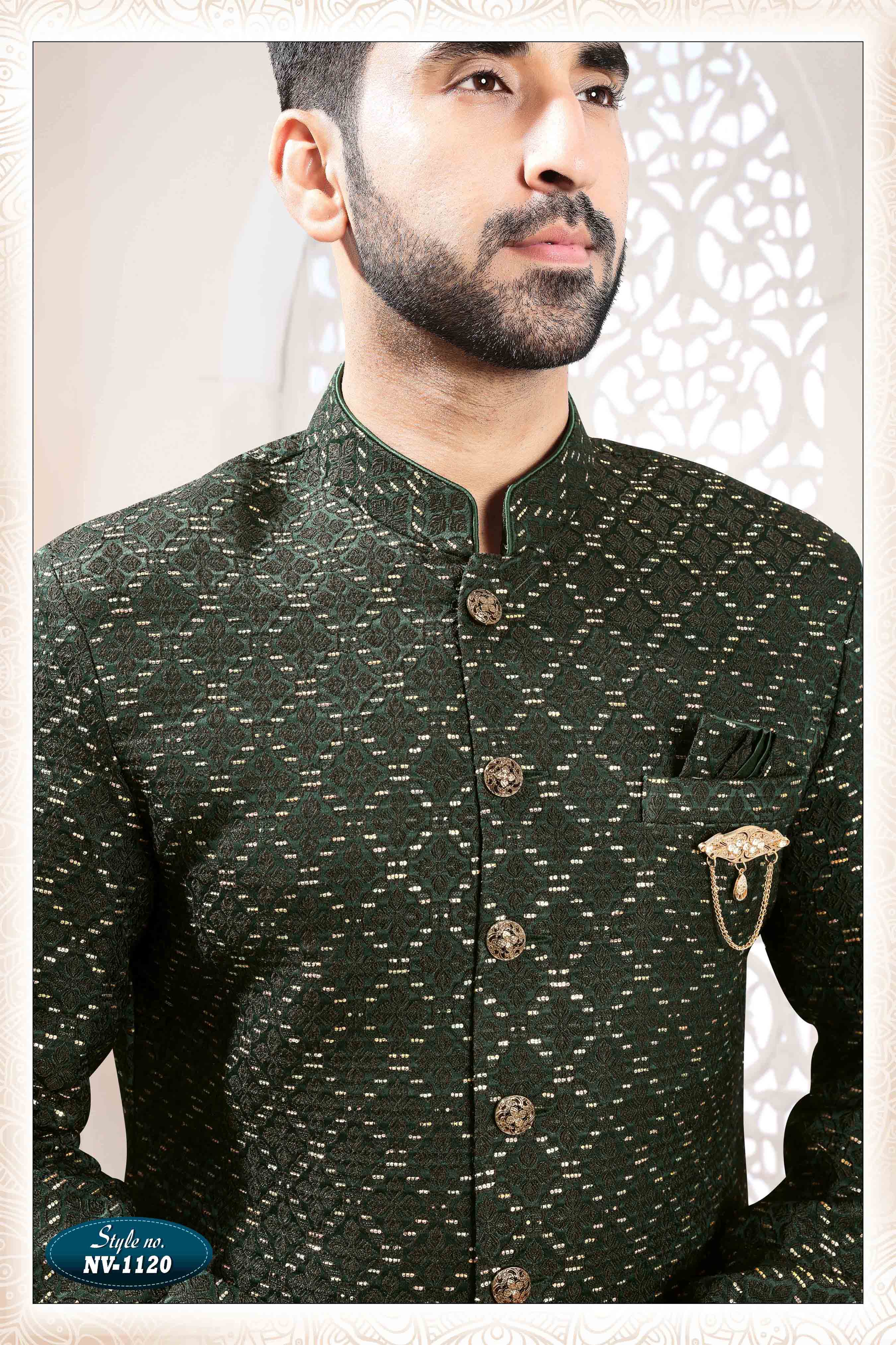Woven Art Silk Jacquard Sherwani in Green