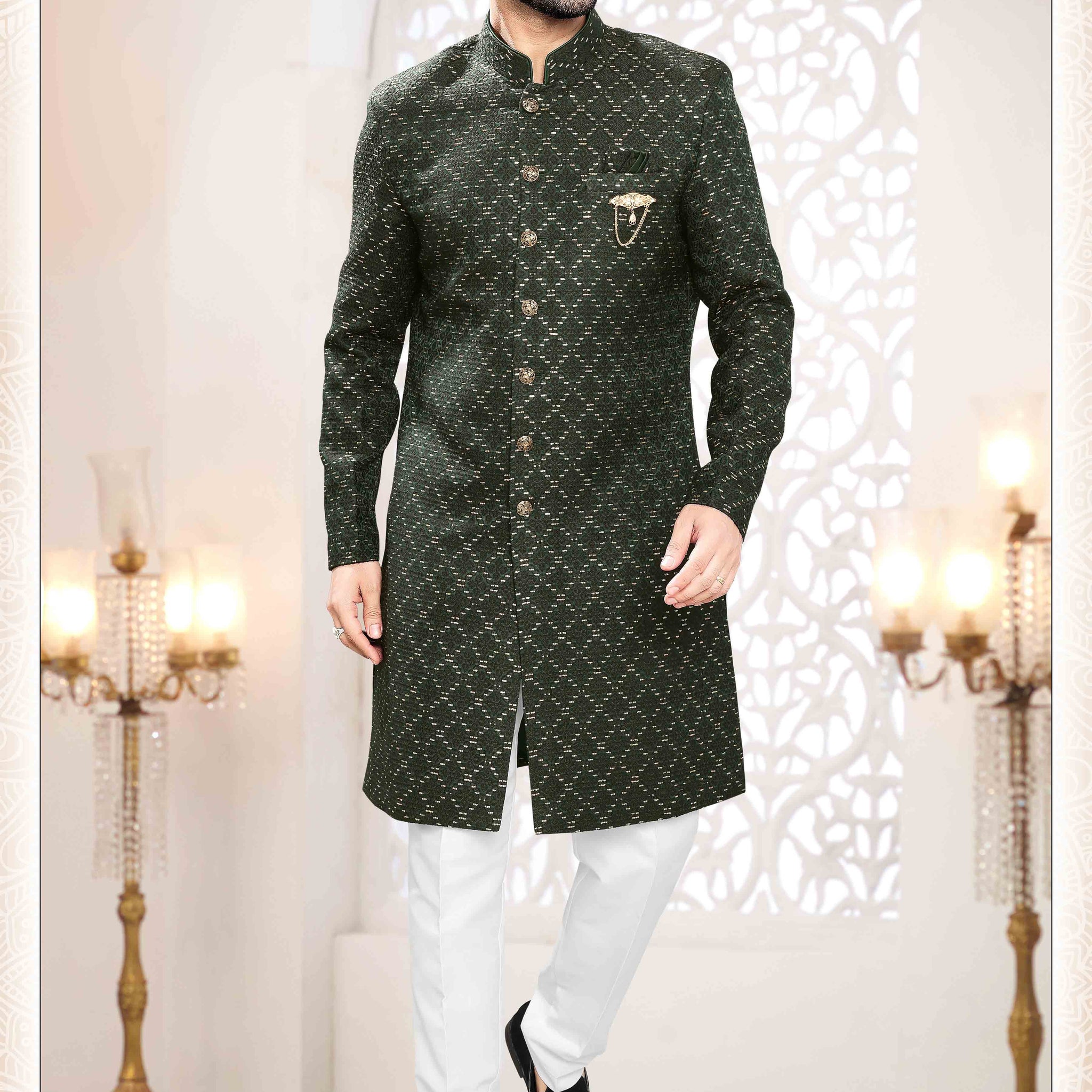 Woven Art Silk Jacquard Sherwani in Green