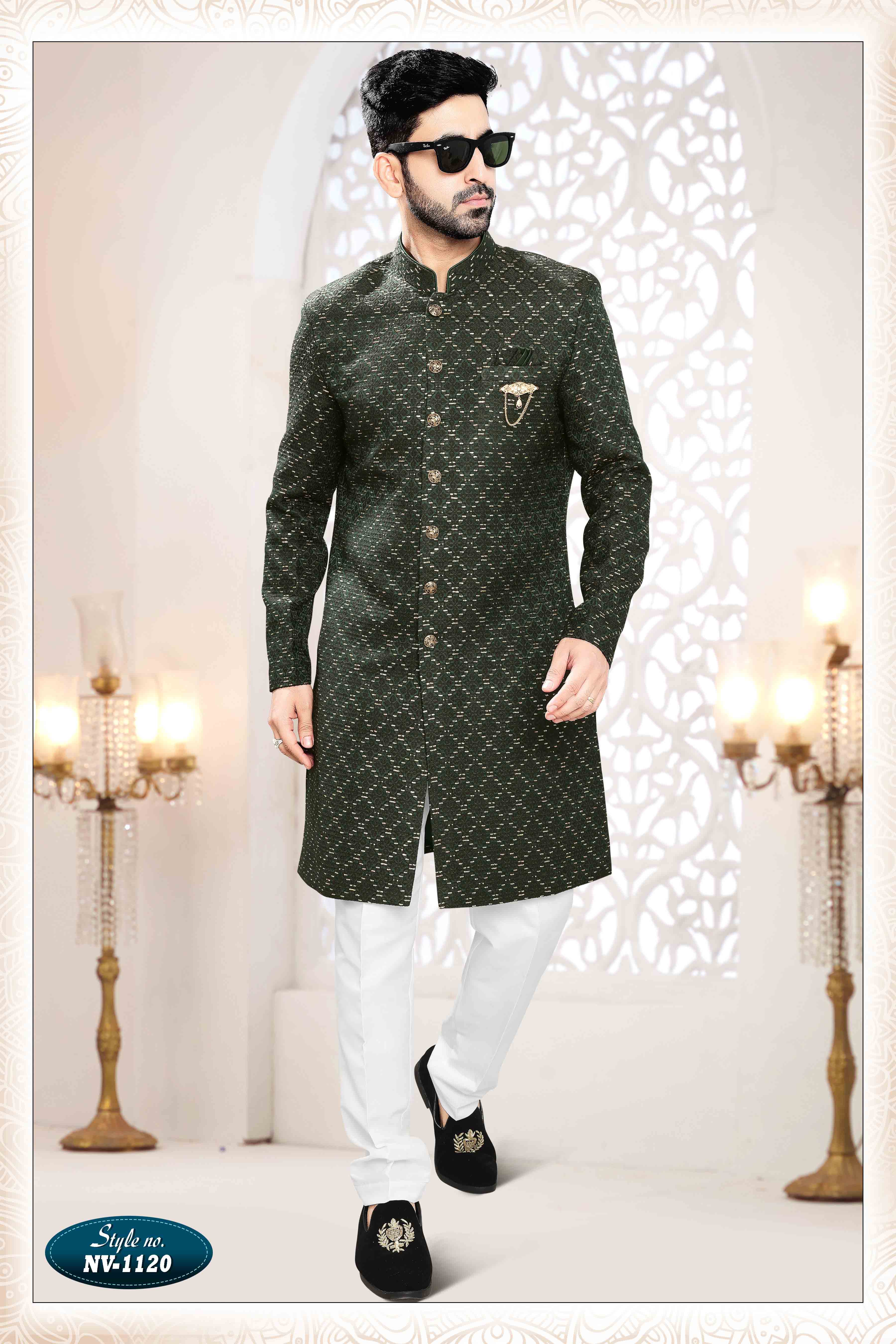 Woven Art Silk Jacquard Sherwani in Green