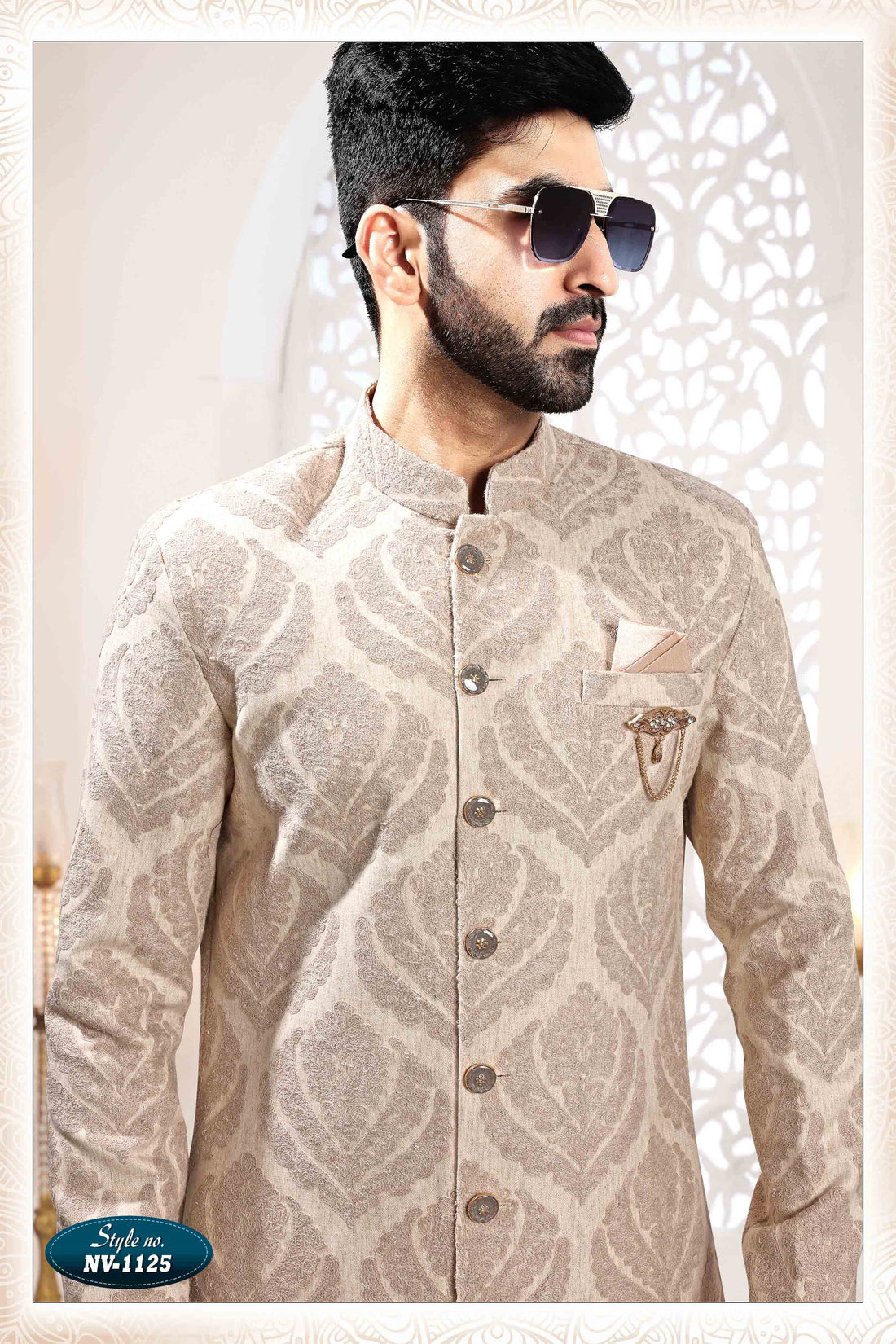 Woven Art Silk Jacquard Sherwani in BEIGE
