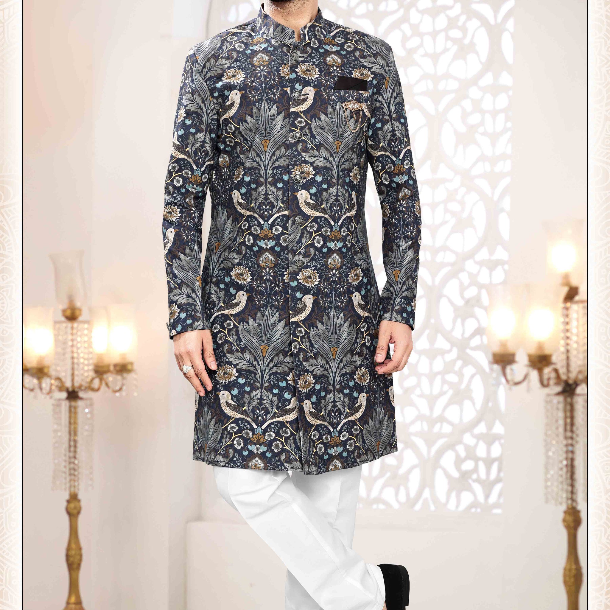 Printed Linen Sherwani in Blue