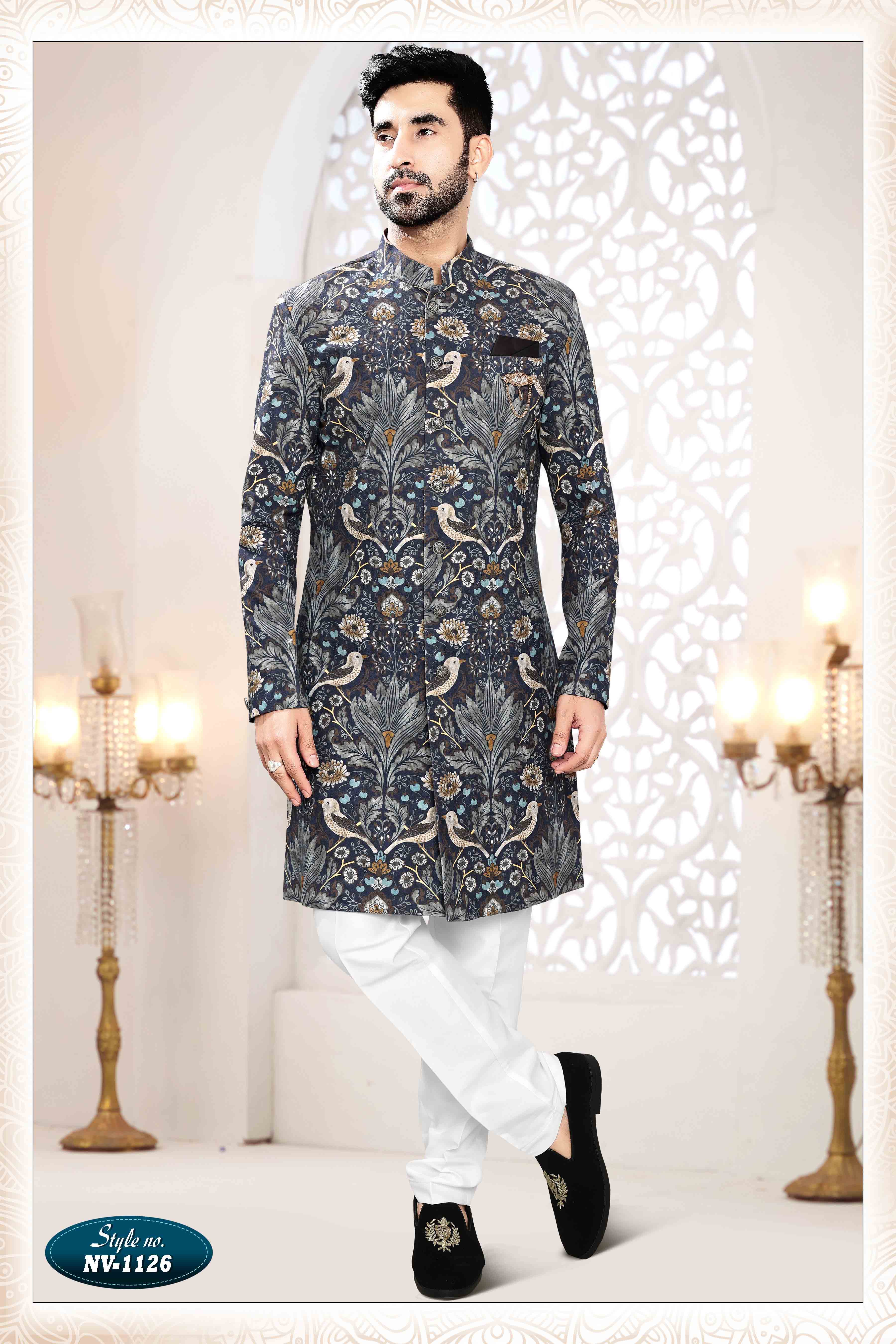 Printed Linen Sherwani in Blue