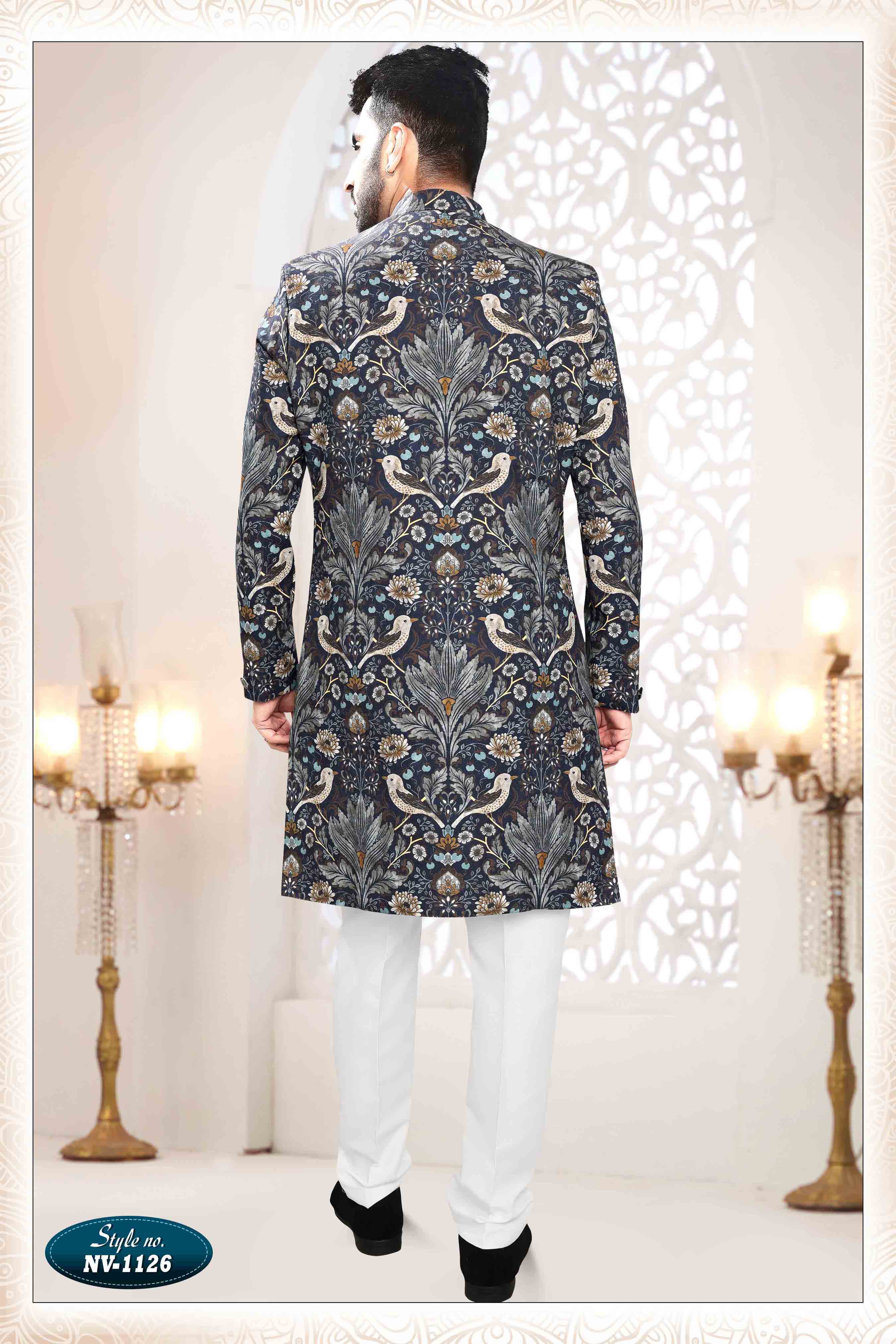 Printed Linen Sherwani in Blue