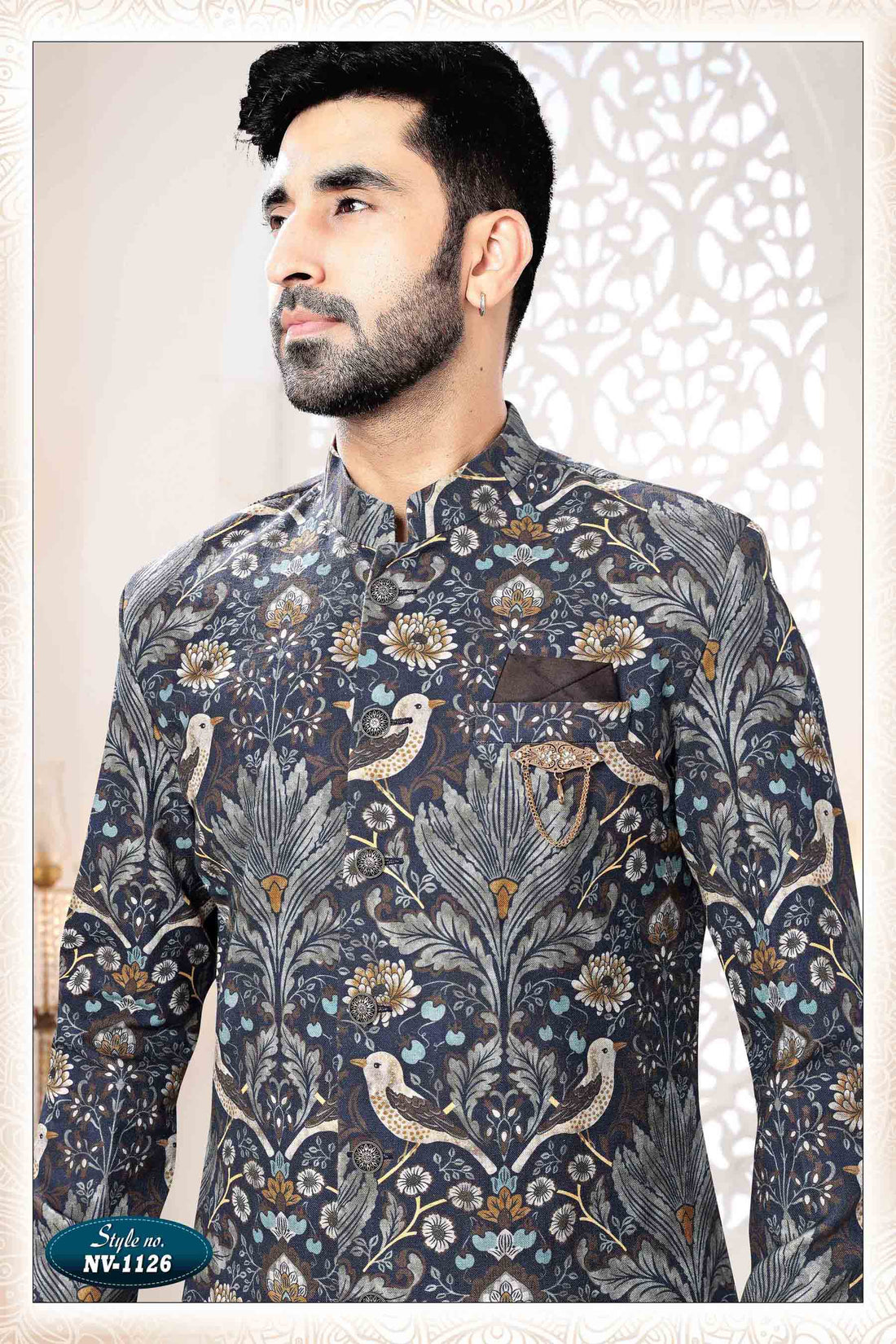 Printed Linen Sherwani in Blue