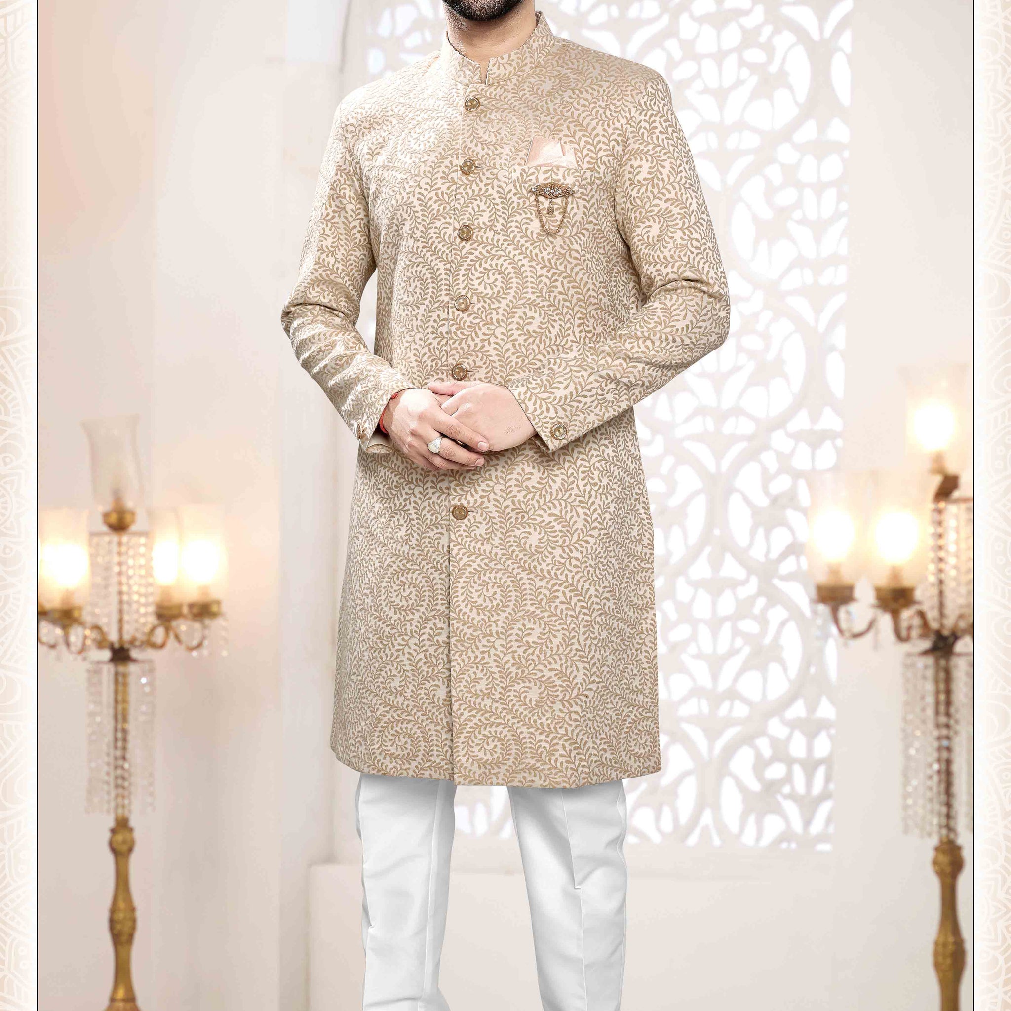 Woven Art Silk Jacquard Sherwani in Golden