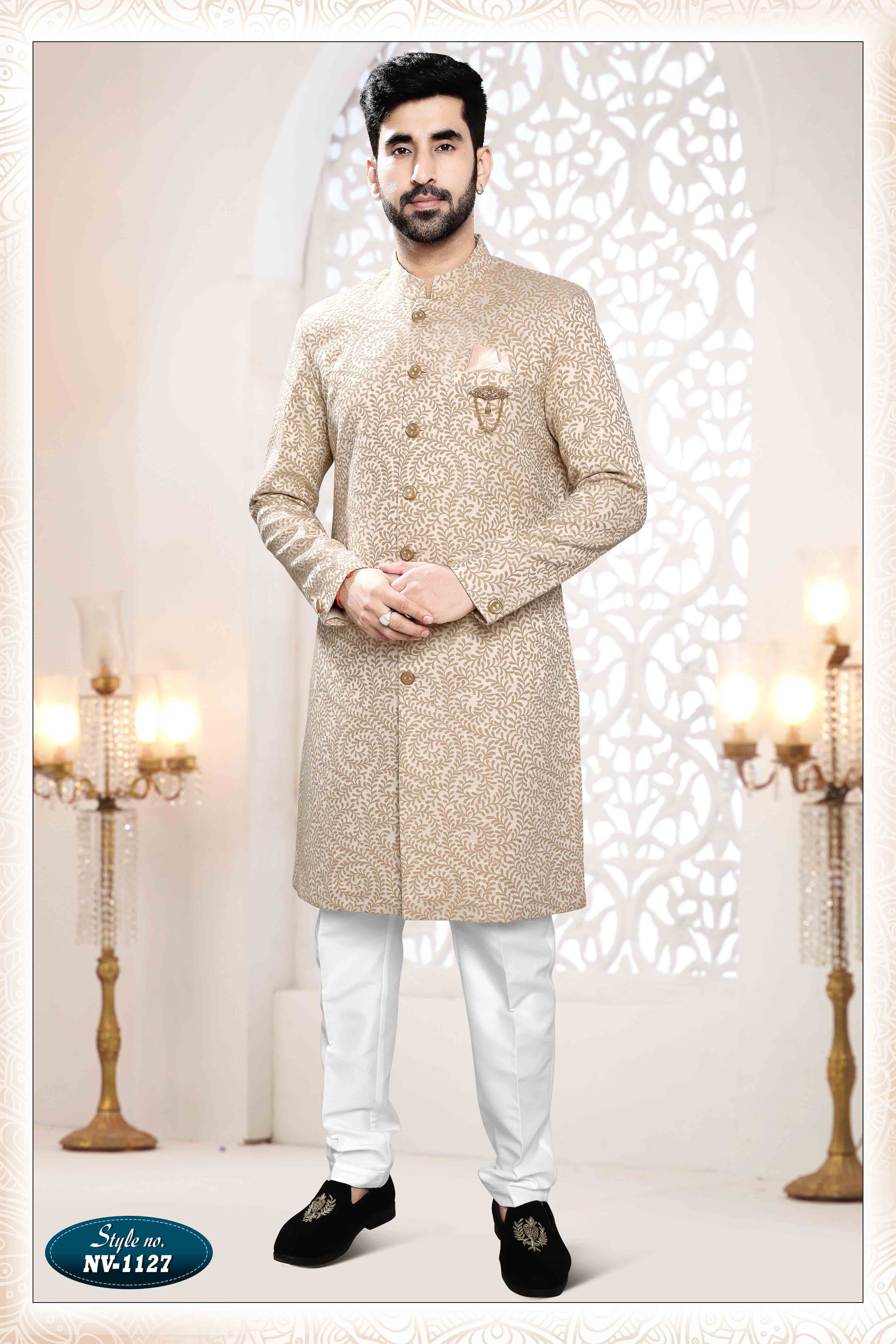 Woven Art Silk Jacquard Sherwani in Golden