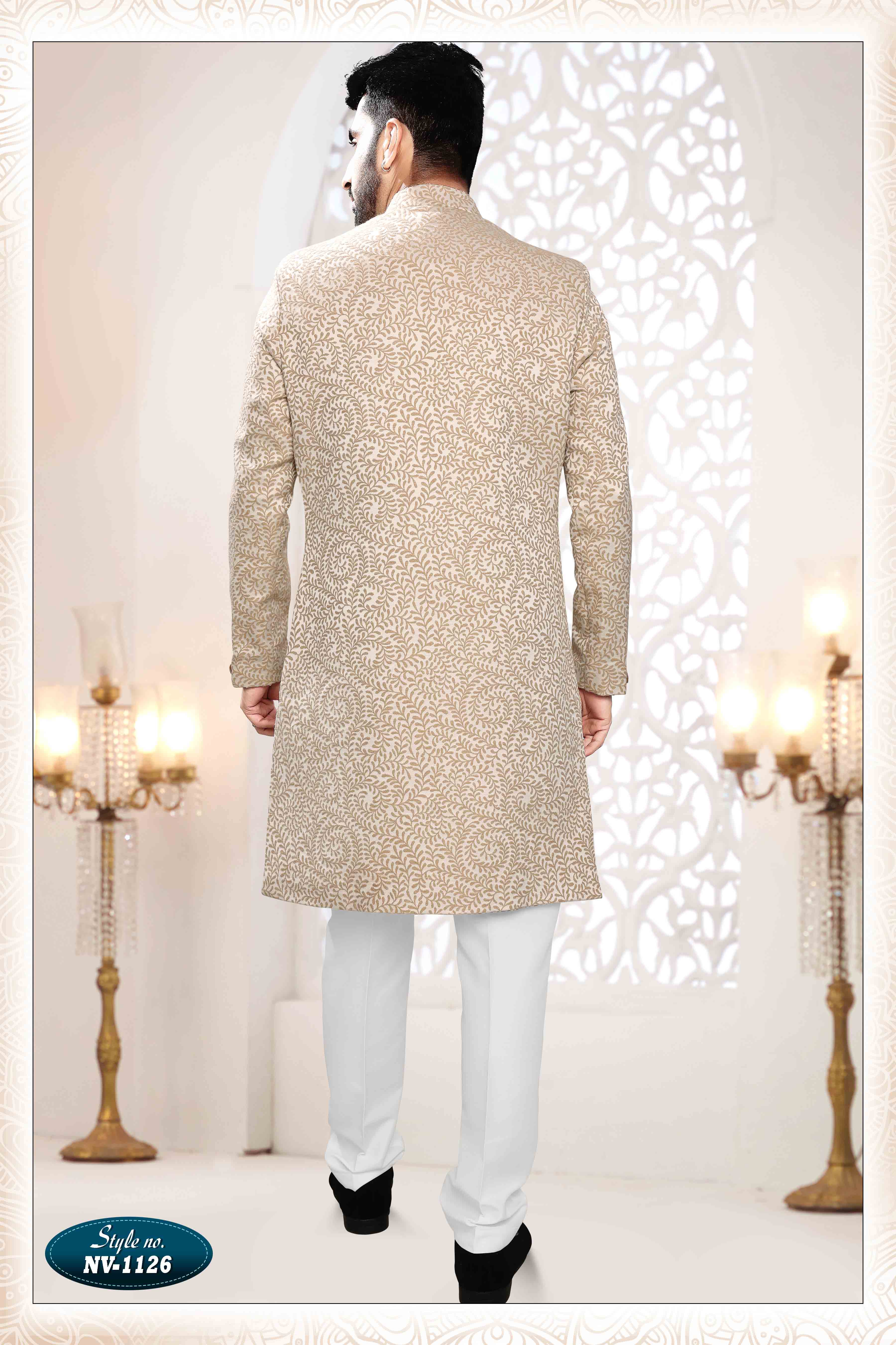 Woven Art Silk Jacquard Sherwani in Golden