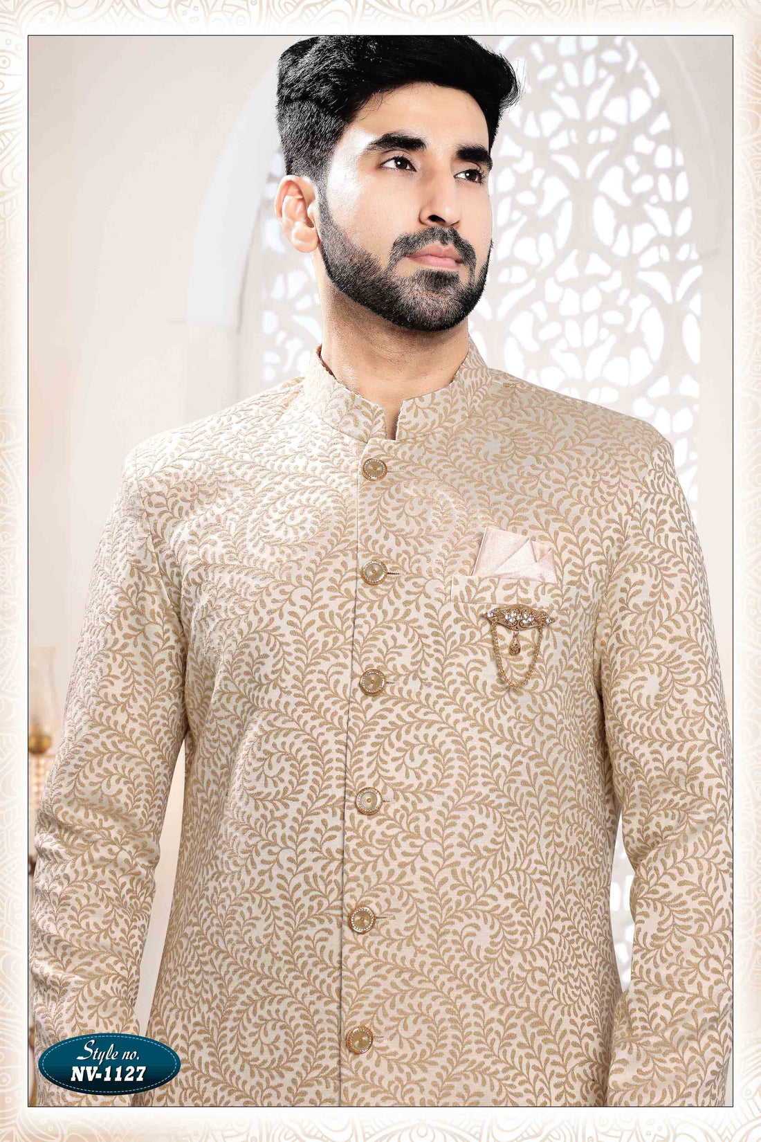 Woven Art Silk Jacquard Sherwani in Golden