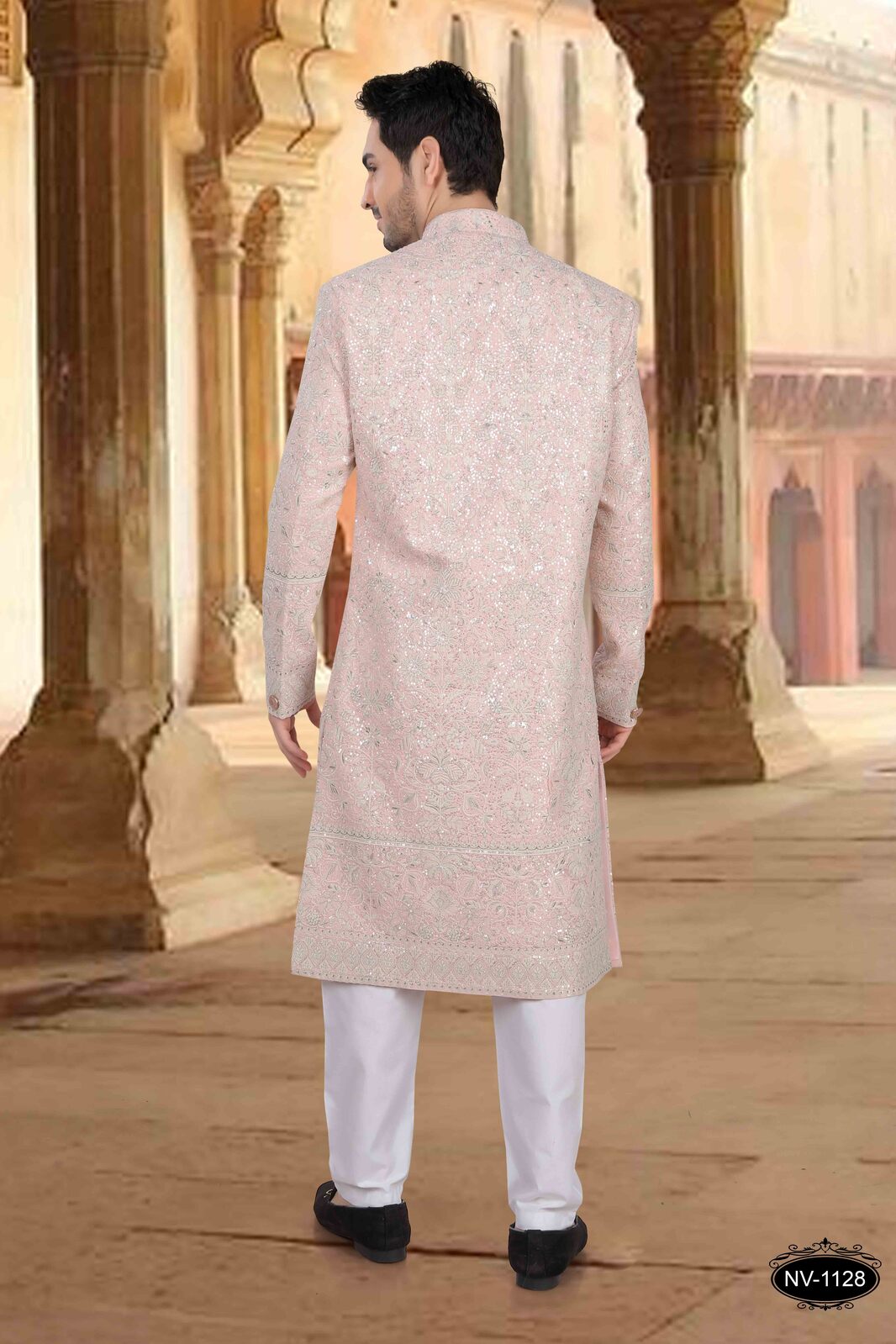 Heavy Embroidered Georgette Mens Sherwani In Pink