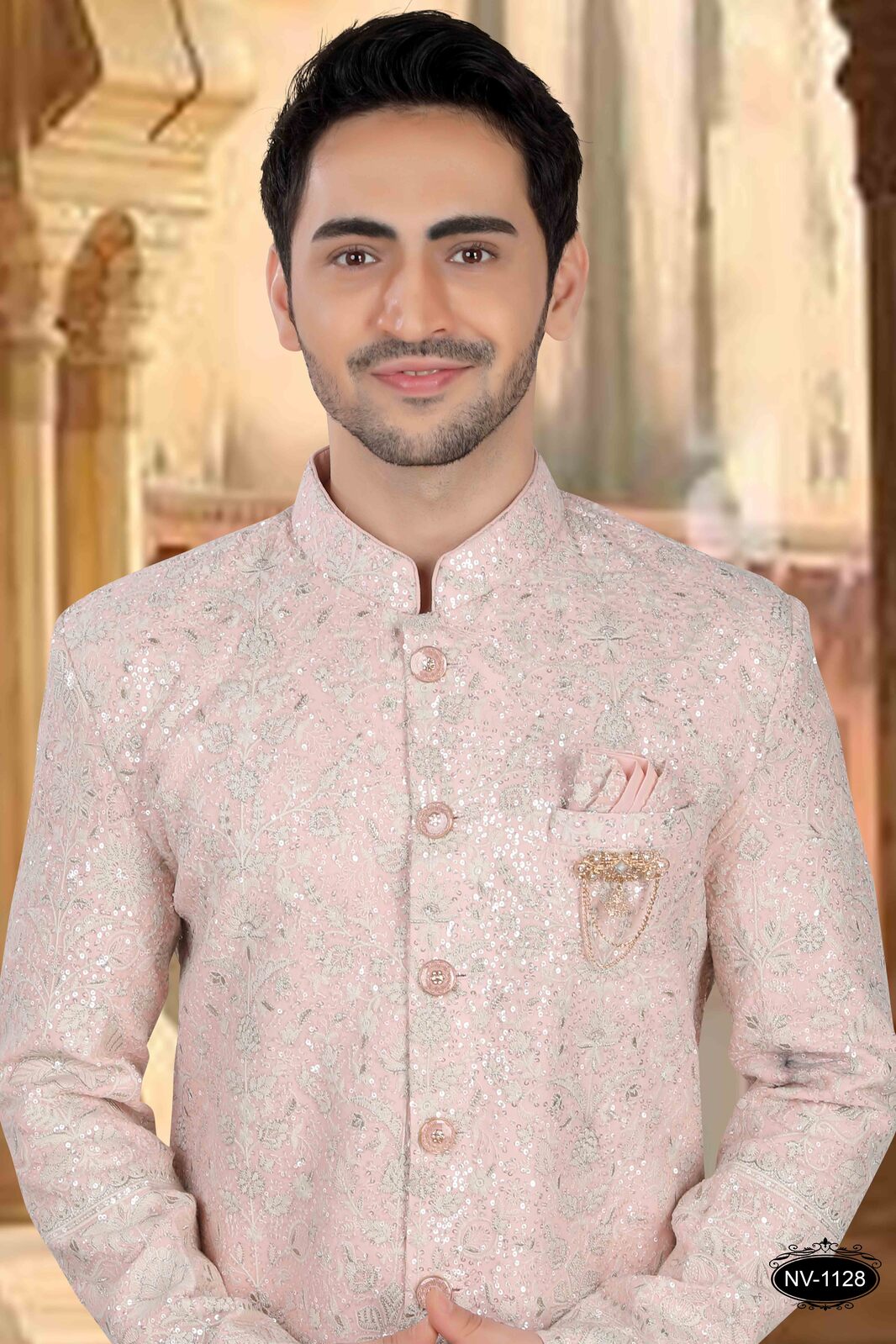 Heavy Embroidered Georgette Mens Sherwani In Pink