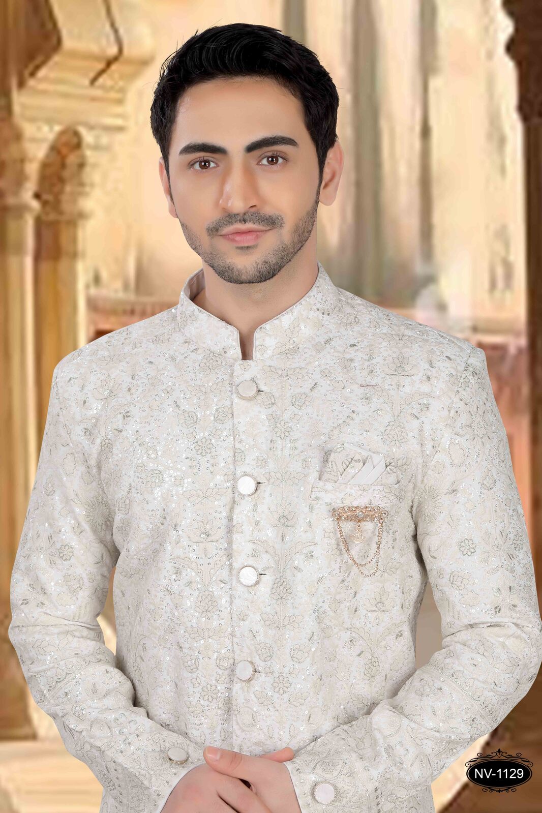 Heavy Embroidered Georgette Mens Sherwani In cream