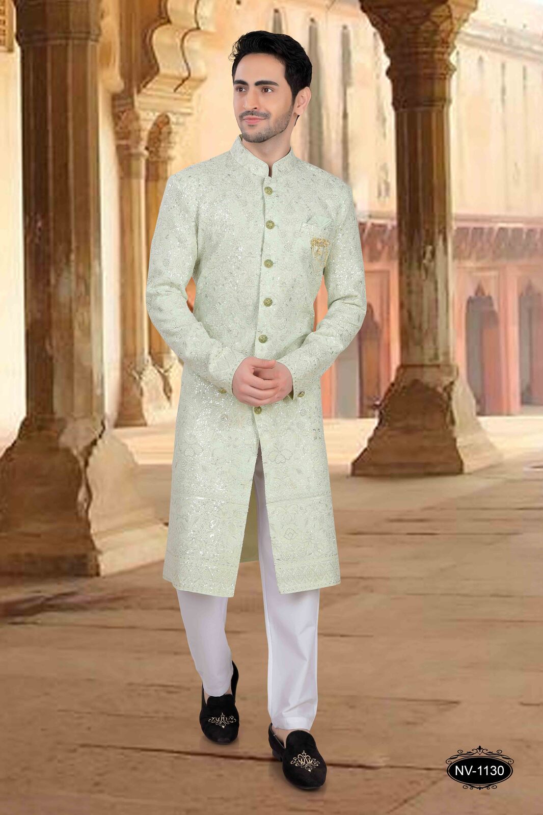 Heavy Embroidered Georgette Mens Sherwani In Green