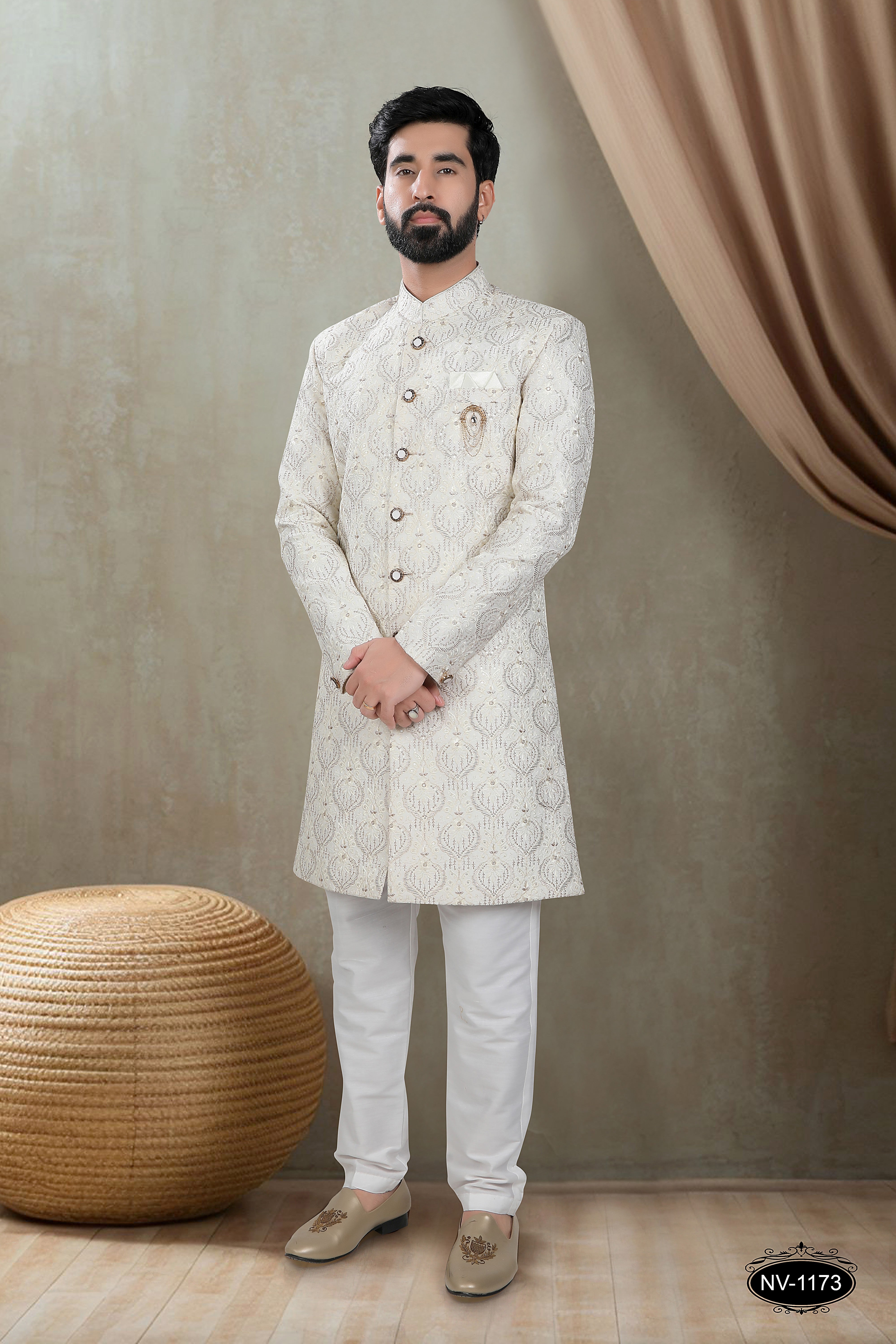 SHERWANI SET IN OFF-WHITE TONE IN HEAVY THREAD & SEQUENCE EMBROIDERY ALL-OVER