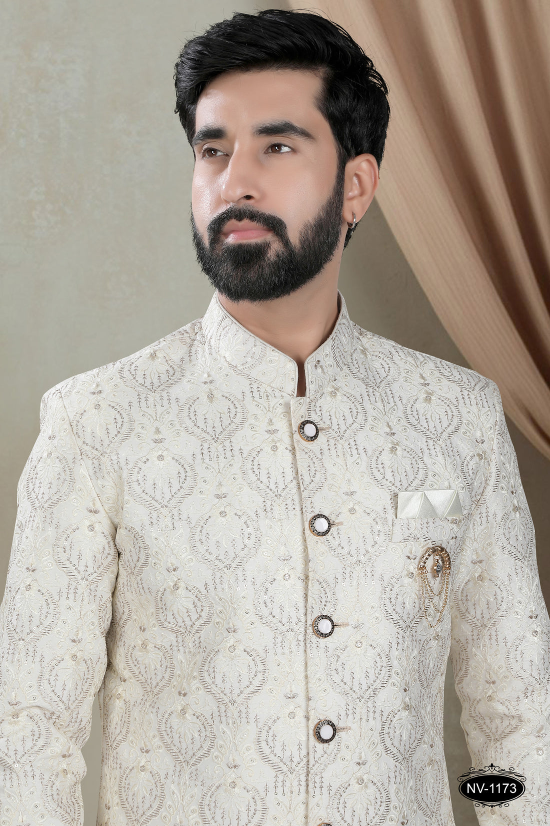 SHERWANI SET IN OFF-WHITE TONE IN HEAVY THREAD & SEQUENCE EMBROIDERY ALL-OVER