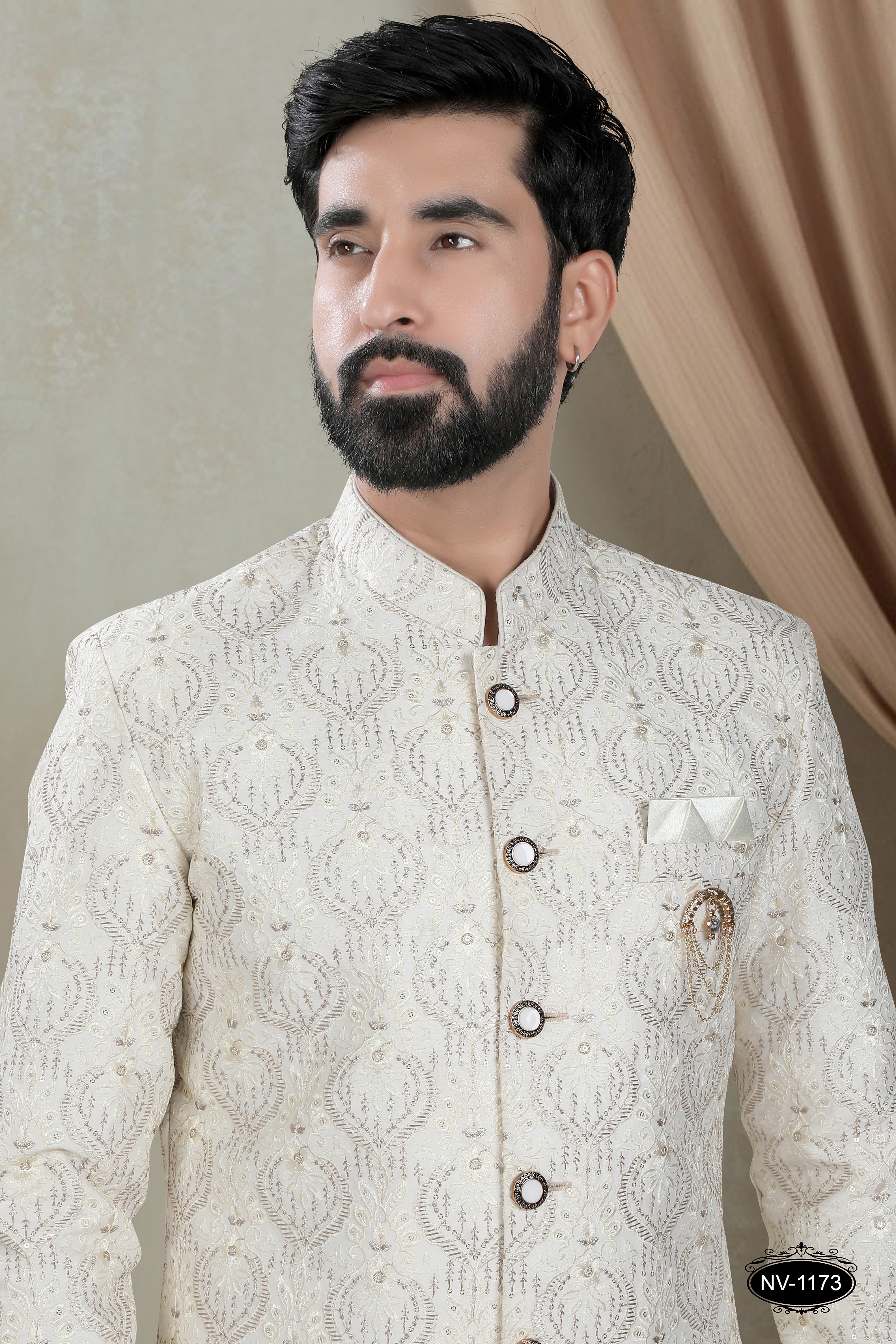 SHERWANI SET IN OFF-WHITE TONE IN HEAVY THREAD & SEQUENCE EMBROIDERY ALL-OVER