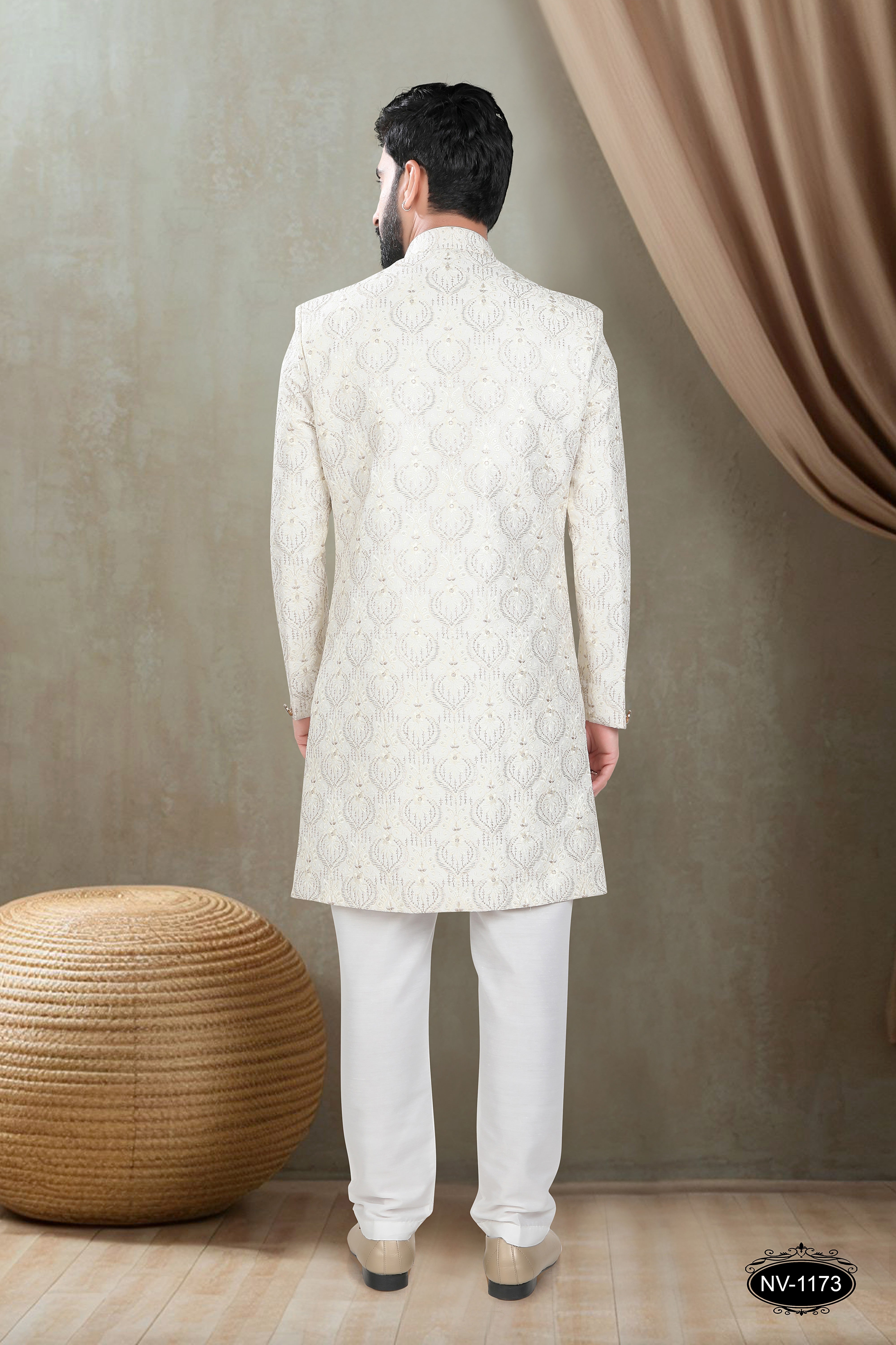 Men's White Silk Sherwani with Heavy Thread & Sequence Embroidery & Silk Polo Pant