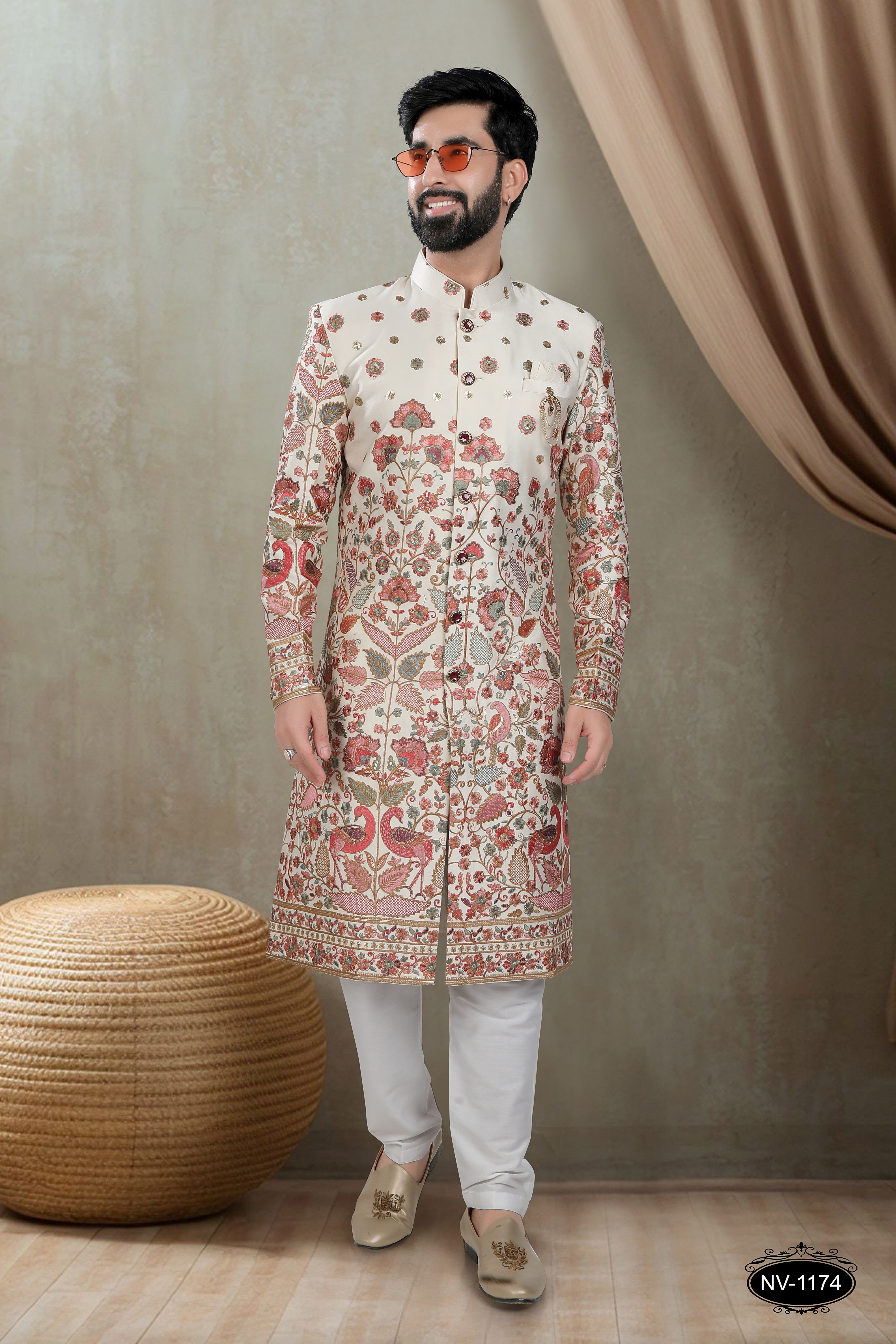 MULTI-TONE FLORAL PANEL SHERWANI SET FOR EVERY CEREMONIES