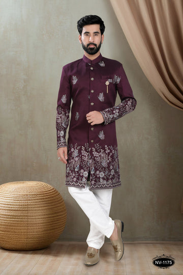 WINE TONE INDO-WESTERN SET WITH HEAVY PANEL EMBROIDERY FOR EVERY WEDDING