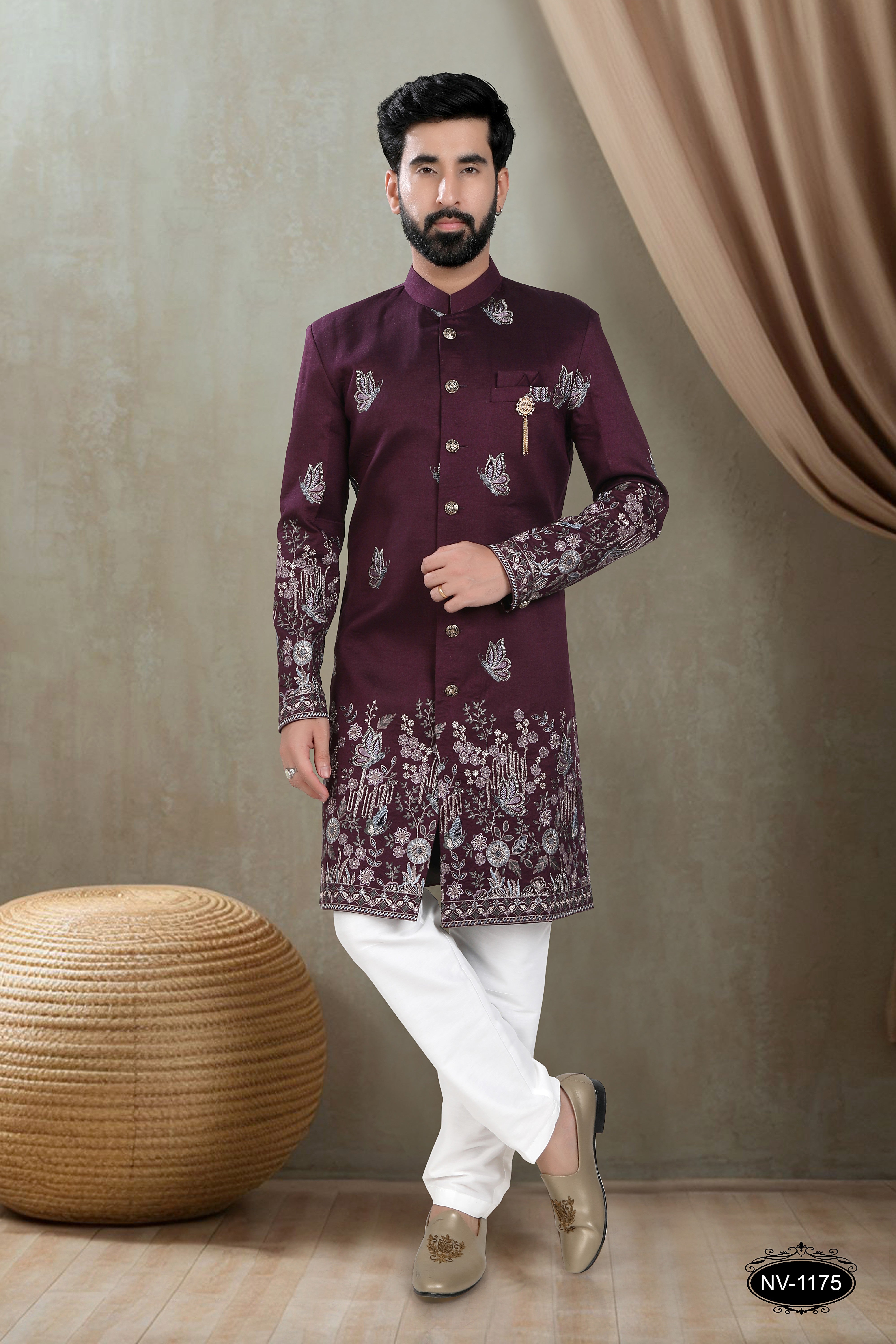 WINE TONE INDO-WESTERN SET WITH HEAVY PANEL EMBROIDERY FOR EVERY WEDDING