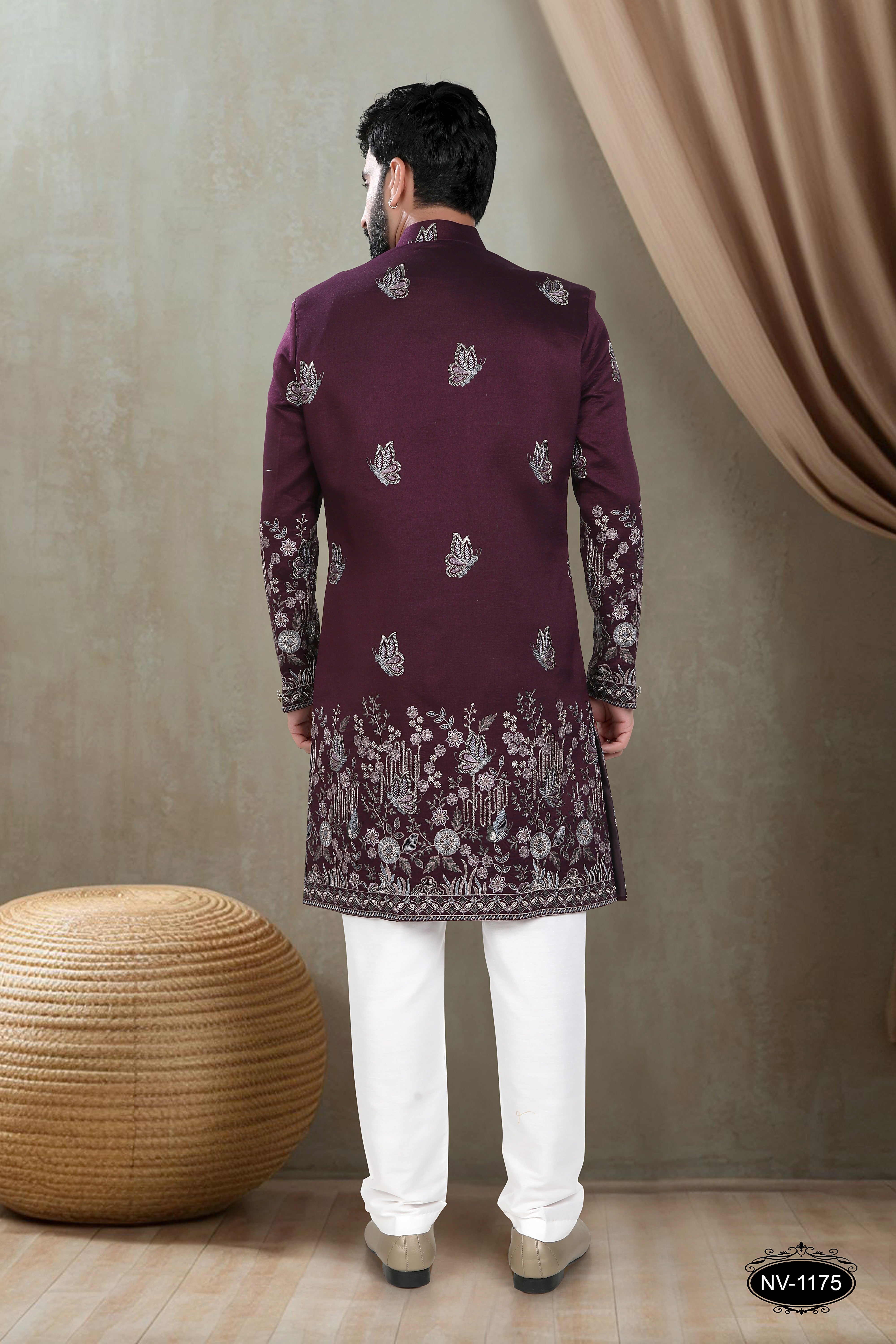 WINE TONE INDO-WESTERN SET WITH HEAVY PANEL EMBROIDERY FOR EVERY WEDDING