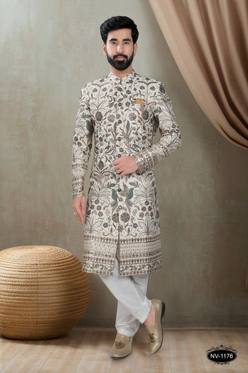 OFF-WHITE BASE SHERWANI SET WITH HEAVY EMBROIDERY ALL-OVER
