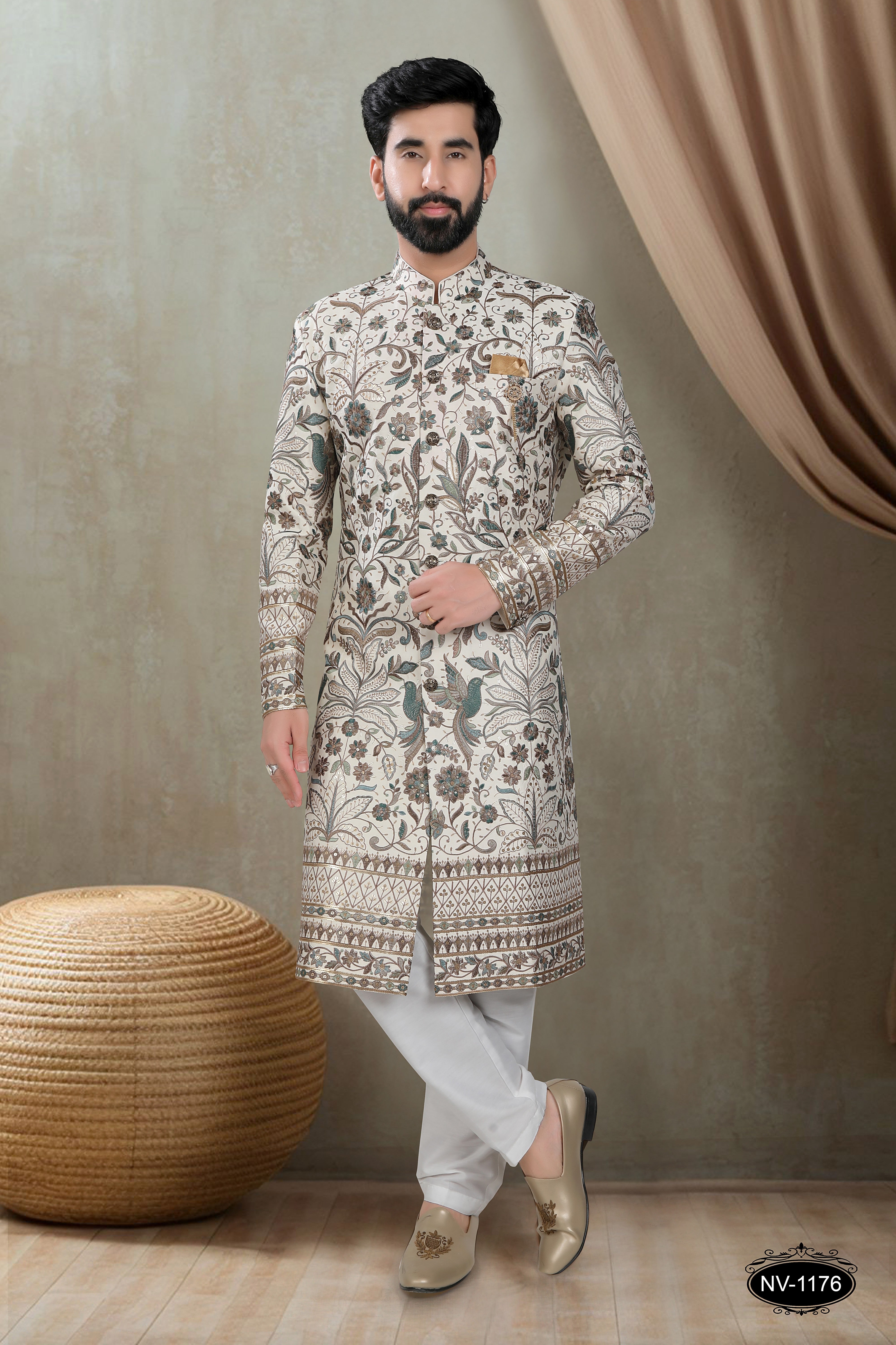 OFF-WHITE BASE SHERWANI SET WITH HEAVY EMBROIDERY ALL-OVER