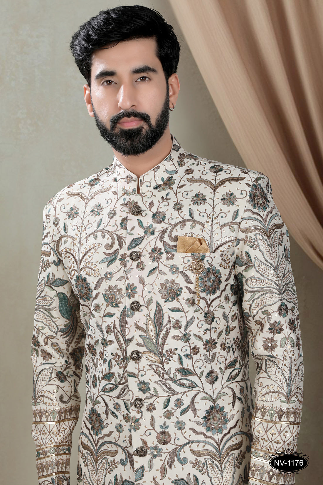 OFF-WHITE BASE SHERWANI SET WITH HEAVY EMBROIDERY ALL-OVER